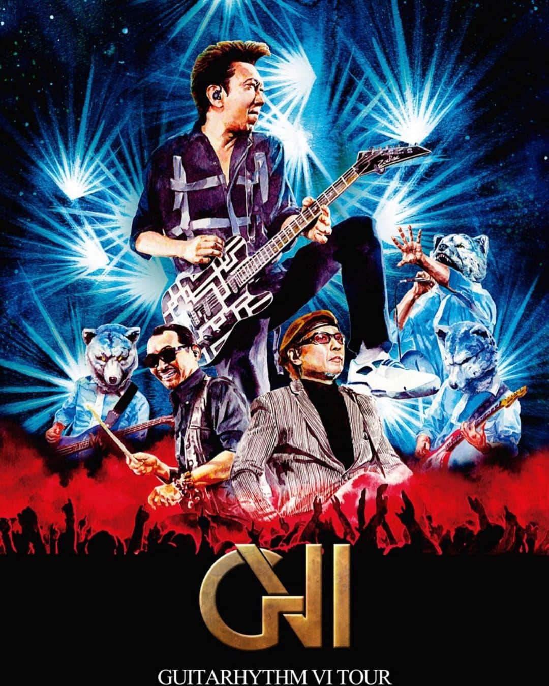 のインスタグラム：「5月13日リリースの映像作品『GUITARHYTHM Ⅵ TOUR』のアートワークが完成しました。 初回生産限定Complete Editionのカヴァーは、ツアー前半の締めくくりというべき8月29日の神奈川県民ホール公演にサプライズ出演したMAN WITH A MISSION、そして神戸ワールド・ファイナル公演のアンコールに登場、31年ぶりとなる奇跡の共演が実現した松井常松、高橋まことがフィーチャーされたクラシック・ハリウッド・ムーヴィーを彷彿とさせるイラストレーション・スタイルに仕上がっています。2作とも最高のサウンドと映画のように重厚かつ臨場感のある仕上がりです。これを観て元気になってもらいたい。リリースをどうぞお楽しみに！ 『GUITARHYTHM Ⅵ TOUR』 初回生産限定Complete Edition 4枚組Blu-ray盤(2CD+2BD): 9,000円+税(税込9,900円) 4枚組DVD盤(2CD+2DVD): 8,000円+税(税込8,800円) [収録内容] ・2019/12/28 神戸ワールド記念ホール ライブ映像/音源 ・2019/8/29 神奈川県民ホール ライブ映像  #布袋寅泰　#guitarhythm6tour #松井常松　#高橋まこと　#mwam」