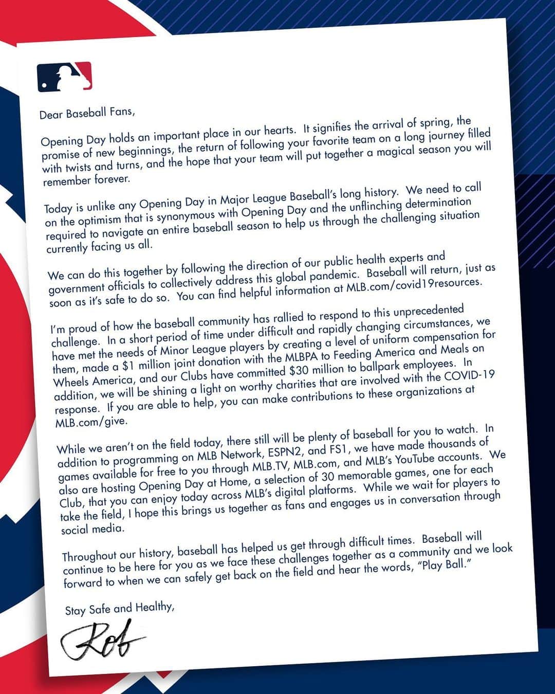 MLBさんのインスタグラム写真 - (MLBInstagram)「A letter from the Commissioner to baseball fans on #OpeningDayAtHome.」3月26日 23時06分 - mlb