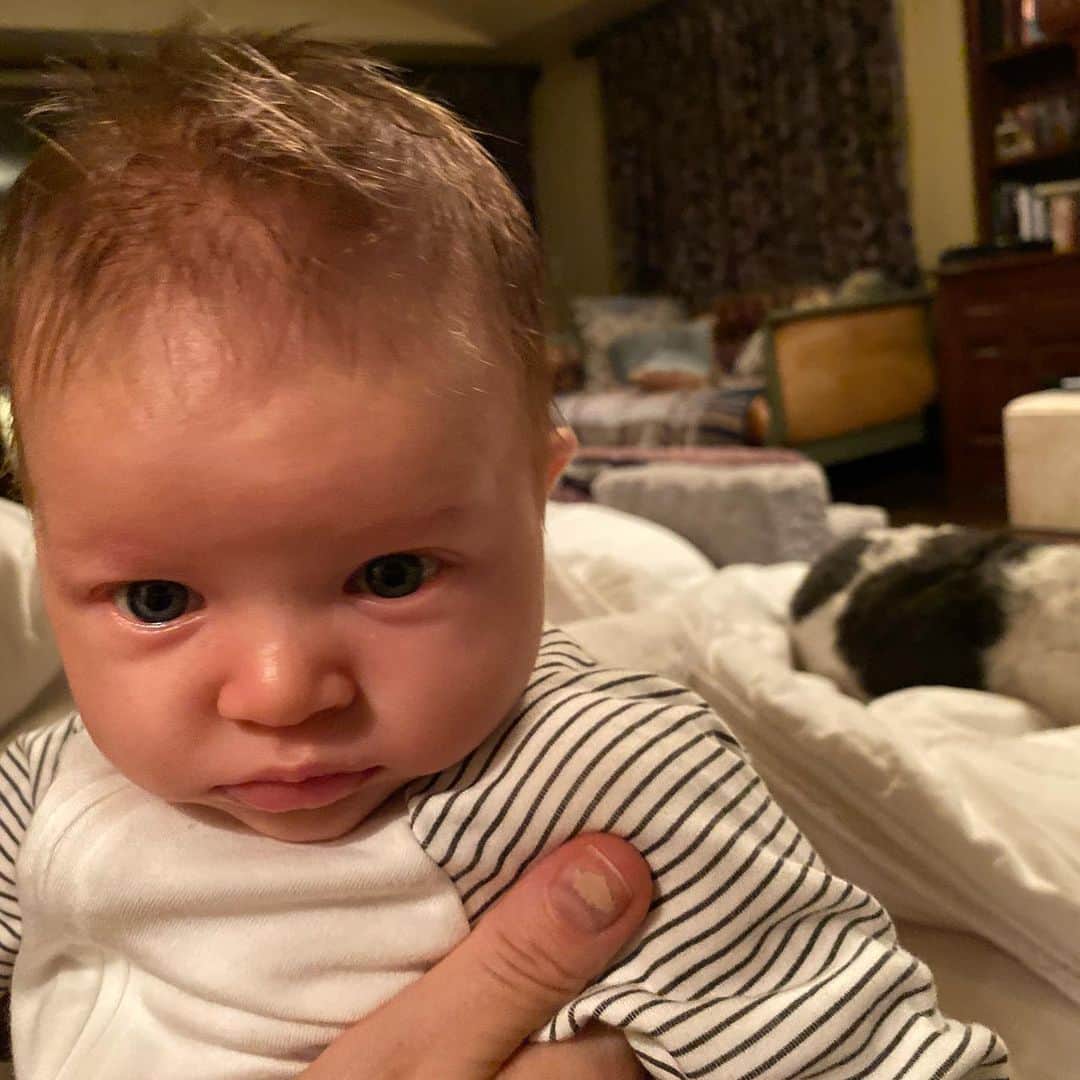 ミラ・ジョヴォヴィッチのインスタグラム：「Baby Osian and Dash to the rescue so we can all smile today! Swipe for the video which is cuteness overload! I hope everyone is doing well and staying safe! Sending a lot of love! Xo m🥰」