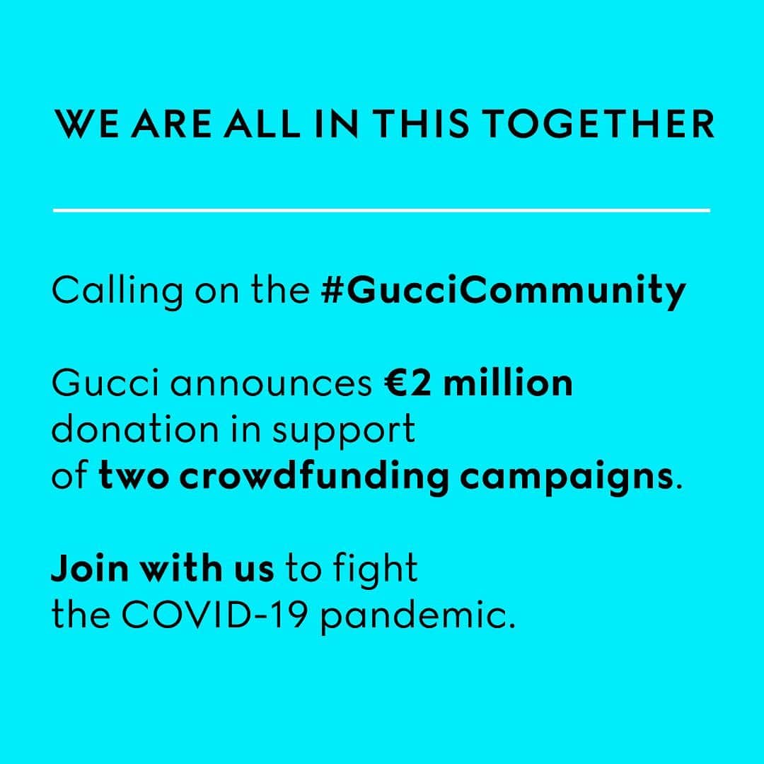 グッチさんのインスタグラム写真 - (グッチInstagram)「We Are All in This Together. Gucci stands with its global community to fight the #Covid19 pandemic by making two separate donations to crowdfunding campaigns. Locally, in Italy where the company is based, a 1 million euros donation to the Italian Civil Protection Department #DipartimentoProtezioneCivile in partnership with @intesasanpaolo’s #ForFunding platform to reinforce Italy’s health services and to source new ICU beds. Globally, Gucci donated 1 million euros to the United Nations Foundation’s Covid-19 Solidarity Response Fund in support of the World Health Organization @who through Facebook’s US$10 million Matching Fundraiser to monitor and collect data on the spread of the virus to strengthen ICUs across the world, supply protection equipment to health personnel and fast-track the creation of vaccines and therapies. The initiatives are captured in an original illustration gifted by Rome-based artist @mp5art, a person who holds their hand on their heart a message of human solidarity. “Gucci has created a world, open and free: a Gucci global community. We ask all of you to be the changemakers in this crisis, to stand together with us in the fight against the Coronavirus. We are all in this together,” say @alessandro_michele, Creative Director of Gucci, and #MarcoBizzarri, President and CEO of Gucci. Calling on our #GucciCommunity to join with us, give through our Donate Sticker on Stories to the United Nations Foundation’s Covid-19 Solidarity Response Fund in support of the World Health Organization @who, and on gucci.forfunding.it to donate to the Italian Civil Protection Department #DipartimentoProtezioneCivile. Discover more about the crowdfunding campaigns through link in bio. Starting from tomorrow, Gucci’s social channels will feature the official messages of @who to help spread useful information and prevention for the virus. #StaySafe #FlattenTheCurve」3月27日 1時15分 - gucci