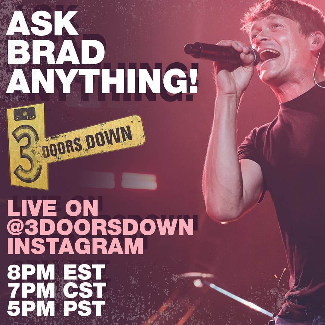 3 Doors Downさんのインスタグラム写真 - (3 Doors DownInstagram)「Tomorrow! @brad3doorsdown is answering your questions live. Tune in!」3月27日 4時39分 - 3doorsdown