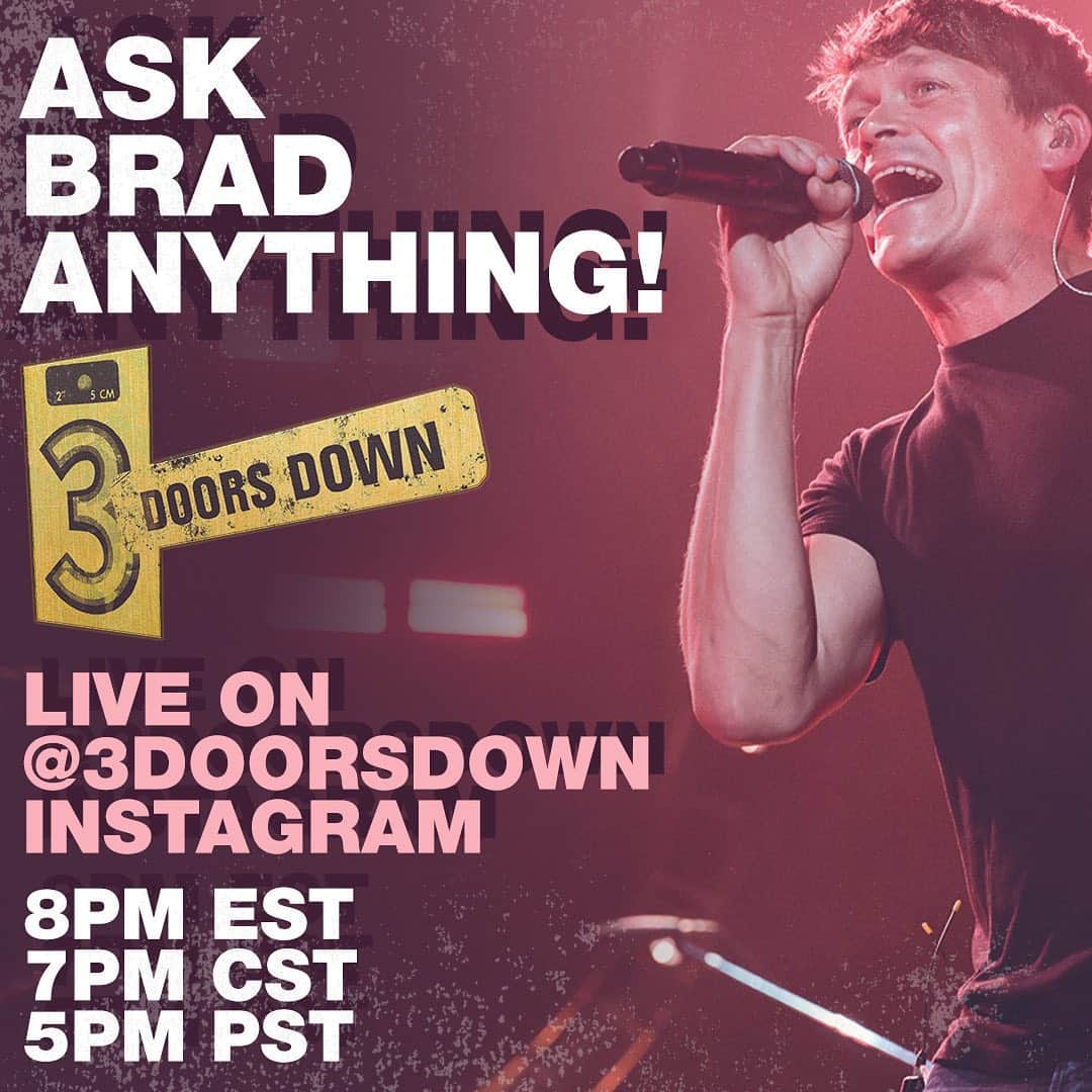 3 Doors Downのインスタグラム：「Tomorrow! @brad3doorsdown is answering your questions live. Tune in!」