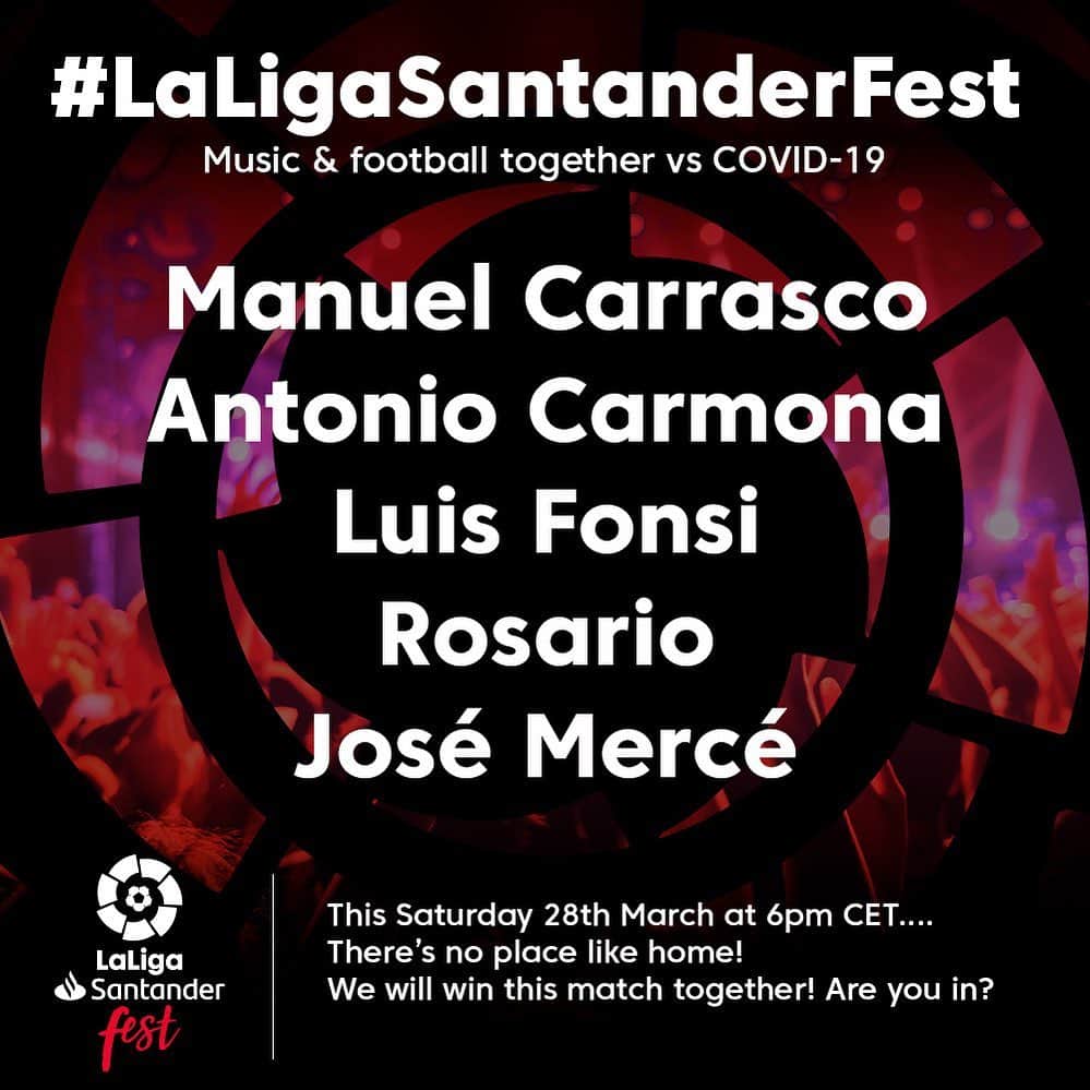 LFPさんのインスタグラム写真 - (LFPInstagram)「@manuelcarrasco_, @acarmonaoficial, @luisfonsi, @rosarioficial & @jose_merce_oficial will perform at #LaLigaSantanderFest! 📅 Saturday, March 28 ⏰ 18H (CET) ▶ @LaLiga & #LaLigaSportsTV ⚽🎶 Music and football, united against COVID-19! • #LaLiga #LaLigaSantander #Music #Fest」3月27日 5時53分 - laliga