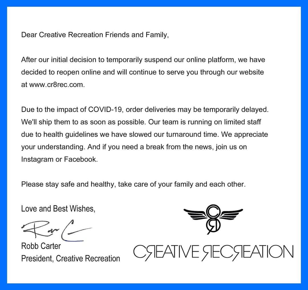 クリエイティブリクリエーションのインスタグラム：「To our valued Creative Recreation Friends and Family , please stay safe during this time. #stayhome #creativerecreation」