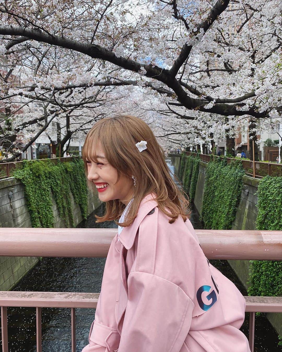 前田希美（まえのん）さんのインスタグラム写真 - (前田希美（まえのん）Instagram)「お仕事の移動中に目黒川を通ったら 桜が満開でした🌸  N WITH.の新作シャツワンピを着て るんるんです。  前が短くて後ろにかけて長くなってる アシメのデザインです。 シャツでシックに、そして 袖のリボンが甘さをプラスしてくれます。  カラバリも最高なので、 すっごく迷っちゃうと思う…(小声) 先に言っておきます。笑  裏地もしっかりついてるので 全く透けないし、袖は1枚なので涼しく着れます～☺︎︎ 本当におすすめポイントたくさんでお気に入り。  のんは全色買う予定！！ めっちゃ可愛いくできたので、 早く皆様にお届けしたいです♡ 発売をお楽しみに。  どうぶつの森のしすぎで、 落ちてる桜を見てたら頭につけたくなったのは内緒。  #のんの私服 #nwith #エヌウィズ  #目黒川 #目黒川桜 #🌸 #meguroriver @n_with_official」3月27日 17時18分 - maeda_nozomi