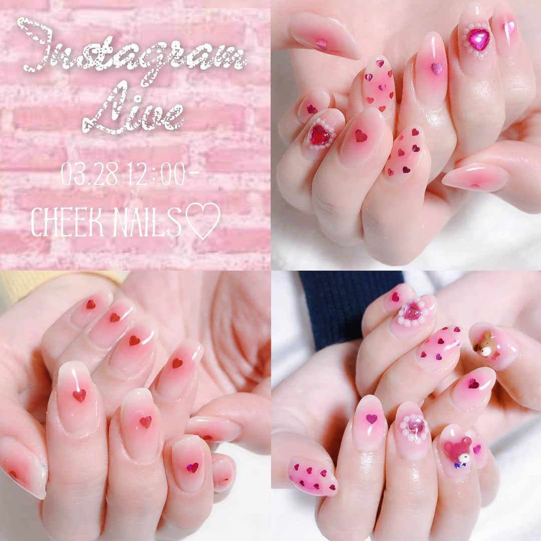 なかやまちえこのインスタグラム：「03.28 12:00- #instagramlive  絶対可愛い#チークネイル ♡ #nail #nails #nailart #ネイル #美甲 #ネイルアート  #japanesenailart #manucure #japanesenails #manicurist #gelnails #أظافر #네일아트 #미용 #vẽmóng #ngườiđẹp  #เพ้นท์เล็บ #искусствоногтя #artedeuñas #เพ้นท์เล็บเจล #ジェルネイルデザイン #ネイルデザイン #senikuku #nagelkunst #インスタライブ #cheeknails @pregelofficial」