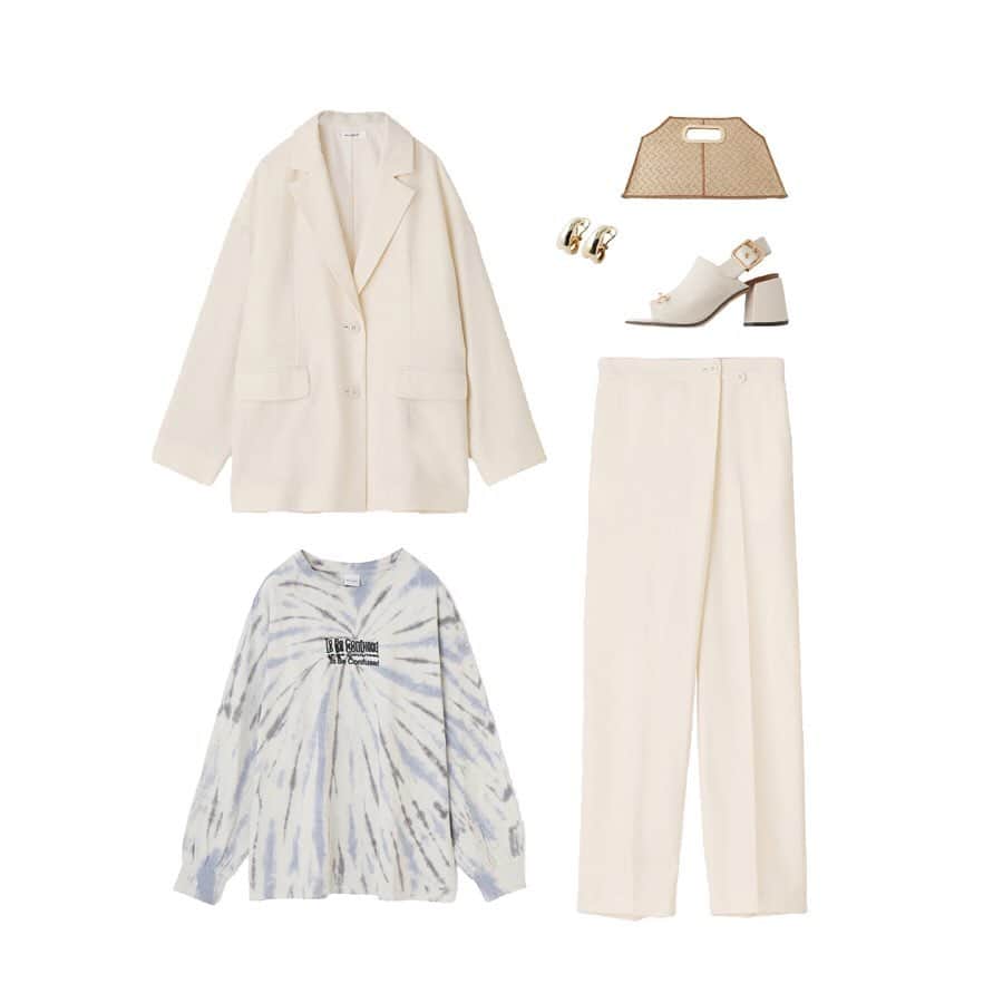 のインスタグラム：「3 Patterns "mix and match" style ■LIGHT BOXY JACKET(010DSS30-0320) ■DAD PANTS(010DSS30-1480) 全国のMOUSSY店舗・SHEL'TTER WEB STOREにて発売中。 ---------------------------------------- Look-1 ・OVERPRINT TIE DYE LONG SLEEVE TEE(010DSQ90-0400) ・JUTE CLUTCH BAG(010DSH51-1880) ・HORSE BIT BACK STRAP SANDALS(010DSB52-0740) ・TINY HOOP EARRINGS(010DSH50-0760) ---------------------------------------- Look-2 ・LONG SLEEVE LOOSE TOP(010DSH80-0540) ・MESH SHORT PANTS(010DS330-0560) ・HORSE BIT BACK STRAP SANDALS(010DSB52-0740) ・ACCORDION SHOULDER BAG(010DSB51-1100) ・TINY HOOP EARRINGS(010DSH50-0760) ---------------------------------------- Look-3 ・SCALLOP FLARE SLEEVE KNIT(010DSW70-0640) ・SQUARE TOE STRAP PUMPS(010DSH52-0770) ・TINY HOOP EARRINGS(010DSH50-0760) ---------------------------------------- #MOUSSY #MOUSSYCapsuleCollection」