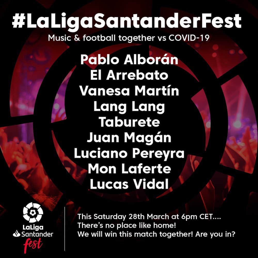 LFPさんのインスタグラム写真 - (LFPInstagram)「@pabloalboran, @elarrebato, @vanesamartin_, @langlangpiano, @taburetegram, @juanmagan, @lucianopereyraoficial, @monlaferte & @lvidalmusic will perform at #LaLigaSantanderFest! • 📅 Saturday, March 28 ⏰ 18H (CET) ▶ @LaLiga & #LaLigaSportsTV ⚽🎶 Music and football, united against COVID-19! • #LaLiga #LaLigaSantander #Music #Fest」3月28日 3時25分 - laliga