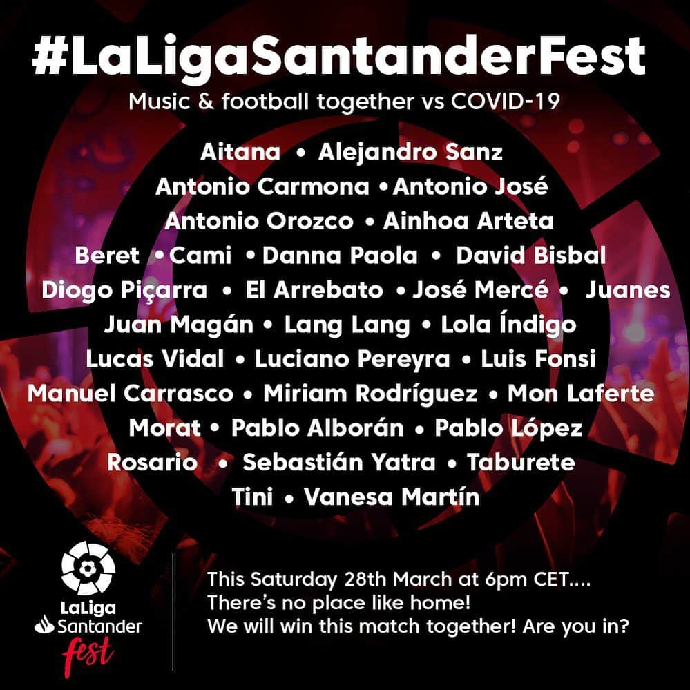 LFPさんのインスタグラム写真 - (LFPInstagram)「😍🎤 WHAT A LINE-UP! 🎤😍 • 🔝🎶 The full list of artists who will perform in tomorrow's #LaLigaSantanderFest... • 📅 Saturday, March 28 ⏰ 18H (CET) ▶ @LaLiga & #LaLigaSportsTV ⚽🎶 Music and football, united against COVID-19! • #LaLiga #LaLigaSantander #Music #Fest」3月28日 4時32分 - laliga