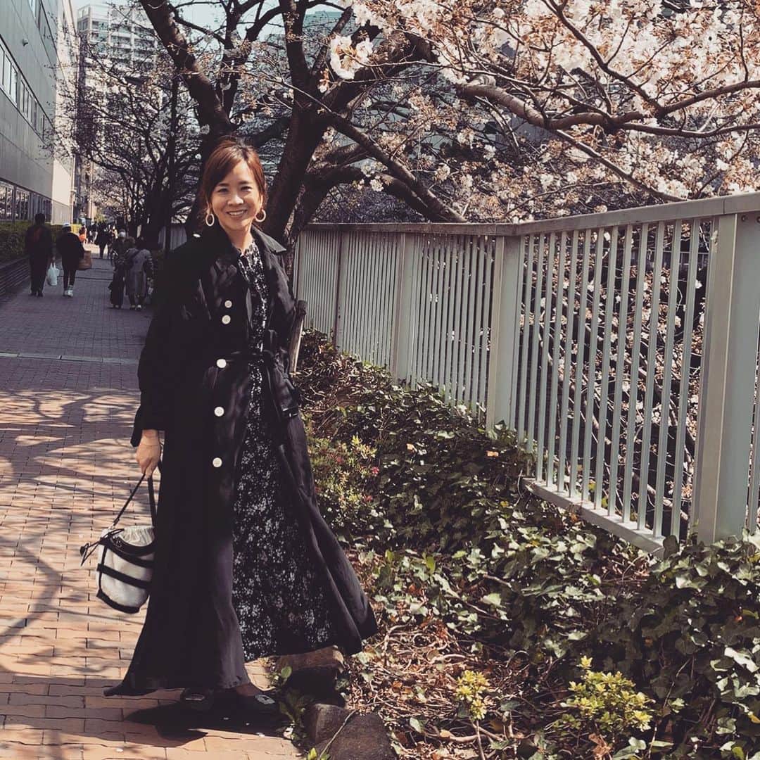 福吉 彩子さんのインスタグラム写真 - (福吉 彩子Instagram)「働くかあさんのお仕事コーデ まだ7分咲きだけど、出勤前後に撮った本日の桜、ご時世には関係なく変わらず咲いていて、尚更美しく感じます この週末は自宅で引きこもり、ゆっくり家族での時間を過ごする予定　 不要な外出を控えることが、早い解決につながりますように🙏 @naokookusa のフリマでゲットしたトレンチコートは、黒xロングだけど重くなり過ぎないマリンテイストがおきにいり！  tops&bottom #uniqlo coat #vermeilpariena  bag #enfas  #ワーママ #ワーママコーデ #働くかあさん  #プチプラコーデ #プリプラコーデ #Domani #ドマーニ #雑誌ドマーニ #Domanist  #domanimagazine #桜　#sakura」3月27日 21時50分 - fuku44aya