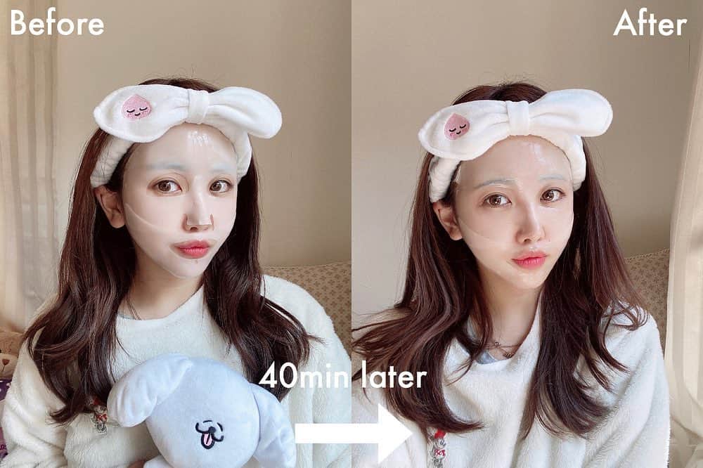 のインスタグラム：「follow meっていう番組で女優の장희령がおすすめしてた韓国ブランドのアバウトミーの『メディアンサー リアルスキンフィット コラーゲンフェイスマスク』を貰ったので使ってみたんだけど、久しぶりにめちゃくちゃいいパックに出会えて感動してるのでスッピン晒してシェア！！！😭❤️ - コラーゲンだから破けないように気をつけながら顔につけて40分くらい放置すると毛穴のサイズ1/12,081の大きさのコラーゲンがお肌浸透して(これは韓国の特許技術らしい！)白かったマスクが透明になるの。そして外すと赤ちゃんみたいなモッチモチの肌に👶🏻肌のコラーゲンが足りないと弾力がなくなるから、アラサーのみんなこれ使うのおすすめするよ！！ _ _ _ #アバウトミー #韓国コスメ #コラーゲンマスク #トーンアップ #美肌 #sponsored」