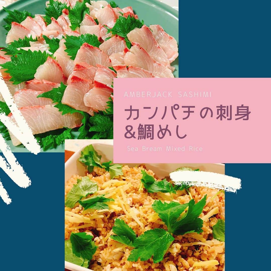 佐藤智美のインスタグラム：「釣り魚🎣をいただきました〜✨ いろいろいただいた魚の中から 今回は「鯛(たい)」をチョイス👍❣️ 「鯛めし」「鯛のアラダシを使った味噌汁」を親子で担当して、 持ち寄り試食会(？) どれもこれも油ノリノリで "鯛"変…美味でした〜〜😋💕 #今日の晩御飯  #釣り魚料理  #カンパチの刺身 #鯛めし  #アラ出汁  #アラの味噌汁  #カンパチ #鯛 #greater amberjack #Red snapper」