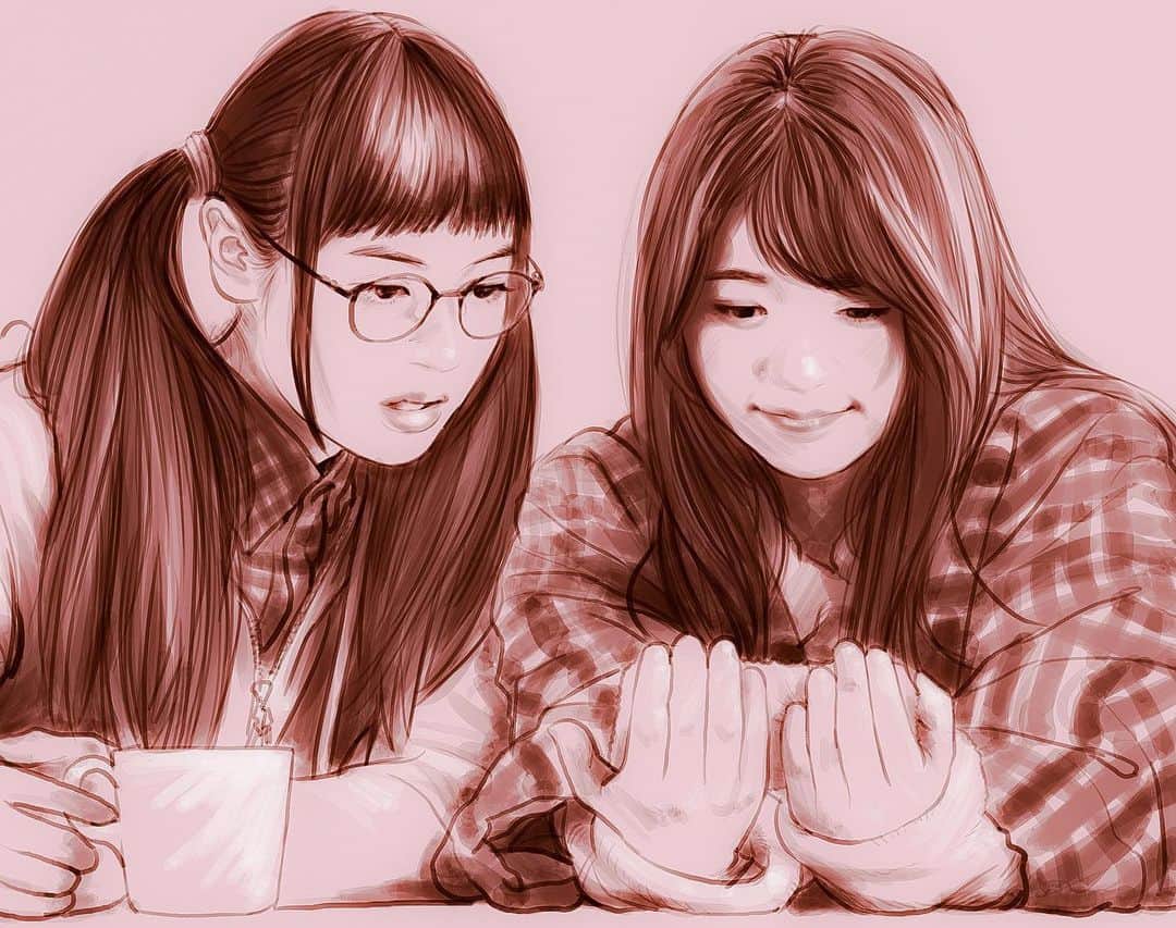 のインスタグラム：「‪『田辺桃子さん(@momoko__tanabe )と大原優乃さん(@yuno_ohara )』‬ ‪#似顔絵 #イラスト #イラストレーション #ドラマ #ゆるキャン #田辺桃子 #大垣千明 #大原優乃 #各務原なでしこ #caricature #illustration #portrait #artwork #drawing #momokotanabe #yunoohara‬」
