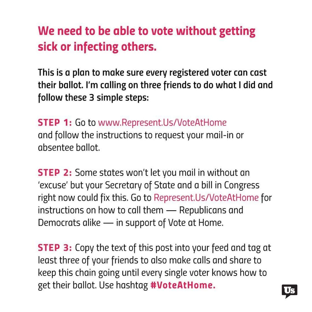 シーアさんのインスタグラム写真 - (シーアInstagram)「EVERY REGISTERED VOTER MUST BE ABLE TO CAST THEIR BALLOT! 🇺🇸 Step 1: Go to www.Represent.Us/VoteAtHome and follow the instructions to request your mail-in or absentee ballot.  Step 2: Some states won’t let you mail in without an ‘excuse’ but your Secretary of State and a bill in Congress right now could fix this. Go to Represent.Us/VoteAtHome for instructions on how to call them — Republicans and Democrats alike — in support of Vote at Home.  Step 3: Copy the text of this post into your feed and tag at least three of your friends to also make calls and share to keep this chain going until every single voter knows how to get their ballot. Use hashtag #VoteAtHome. - Team Sia」3月28日 2時06分 - siamusic