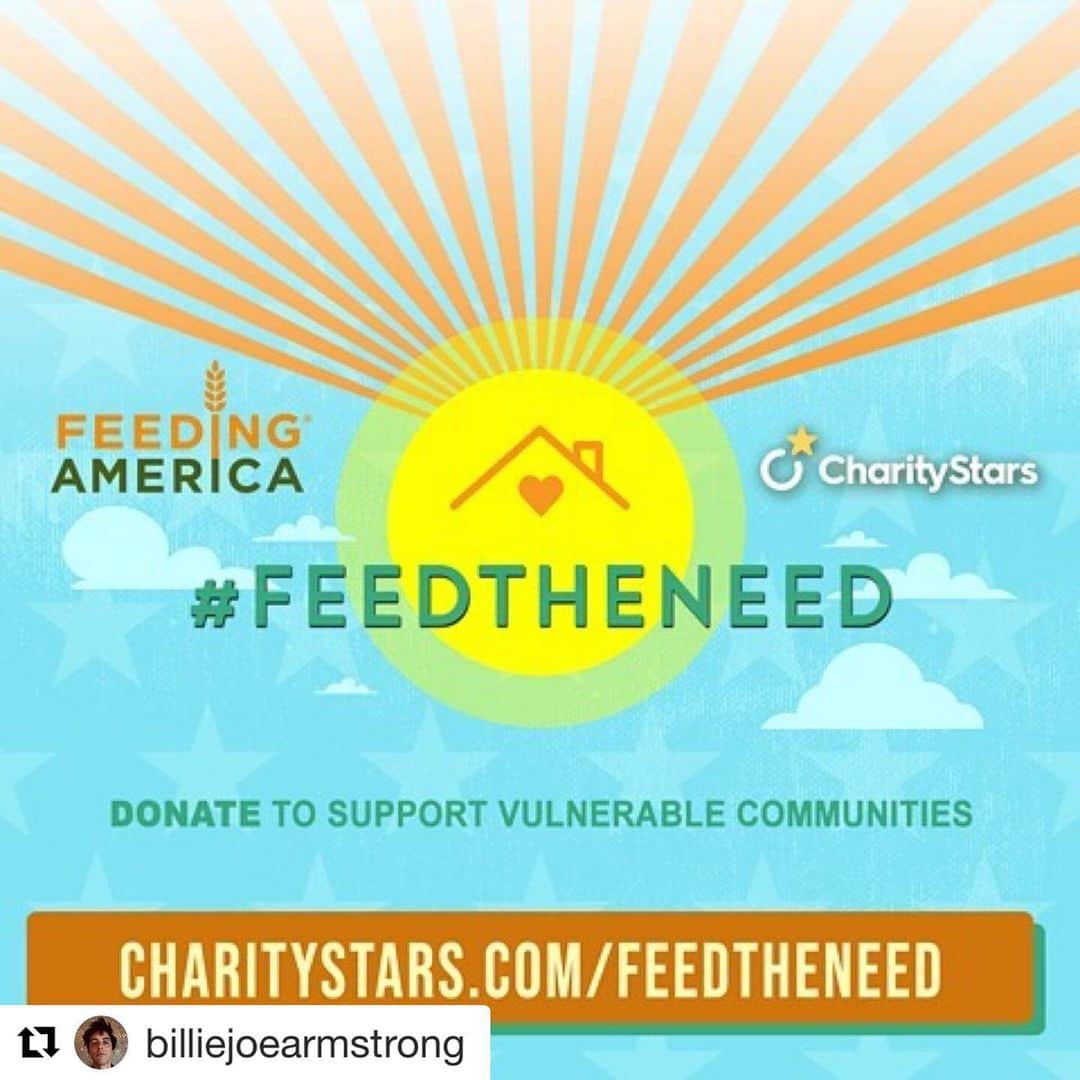 Green Dayのインスタグラム：「@billiejoearmstrong  We're living in moment unlike any other. Now’s the time to help out in as many ways as we can.  Today, we are joining forces with @FeedingAmerica + @CharityStars, as food banks need more support than ever before.  If you are in need of food support, please head to http://charitystars.com/FeedTheNeed where you'll find a link that will show you the closest Food Bank near you.  If you can help out, please visit the same link.  We're all in this together. #FeedTheNeed  Love,  Billie joe  @feedingamerica @charitystars」