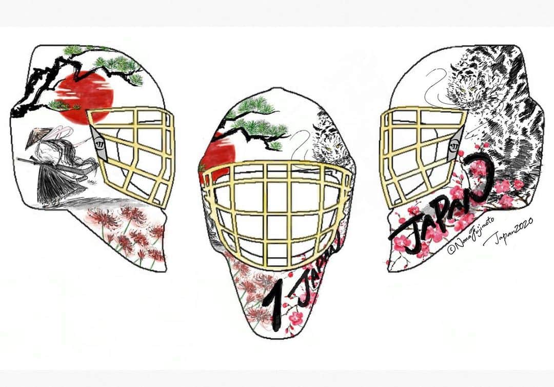 のインスタグラム：「Which do you like?🥅﻿ I tried to draw upcoming season mask🇯🇵🏒﻿ ﻿ 日本をイメージしてマスクをデザインしてみました！ どちらが好きですか？🌸💁🏻‍♀ @warriorgoalie @warriorhky @ingoalmag ﻿ #goaliemask #painting #warrior」