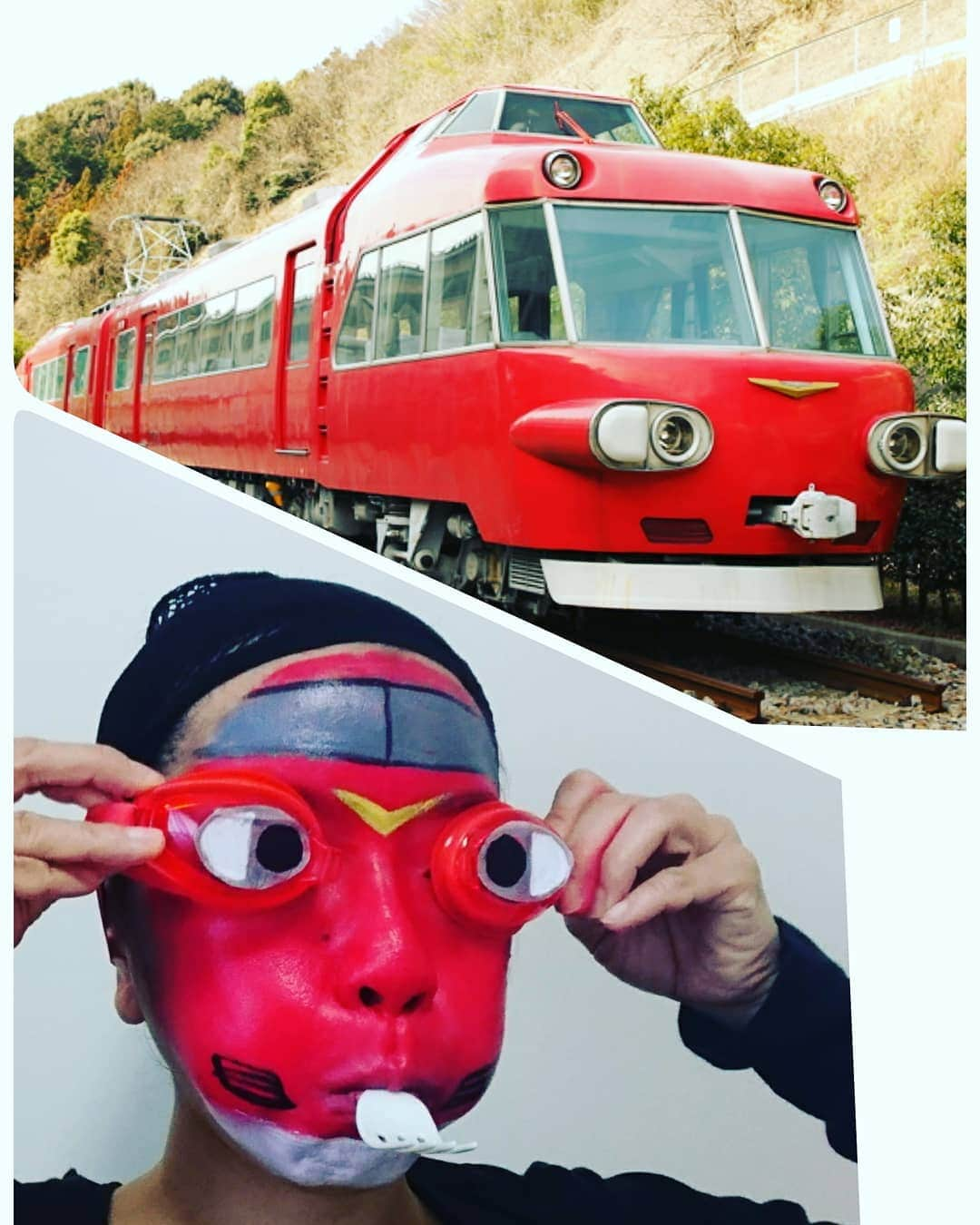 とくこさんのインスタグラム写真 - (とくこInstagram)「名古屋鉄道7000系、「パノラマカー」だよ！1961年～2009年まで走っていた、名鉄を代表するシンボル的な車両だよ！運転席は2階に、前面は展望席となっているよ！7027編成はいまでも中京競馬場内で見ることができるよ～！ #まね鉄 で一覧見れます #名鉄 #パノラマカー #ゴーグル  #顔鉄 #ママ鉄 #子鉄 #親子鉄 #鉄道 #フェイスペイント #comedian #train #facepaint #railway #とくこ #おうちじかん」3月28日 17時02分 - tokukoyori