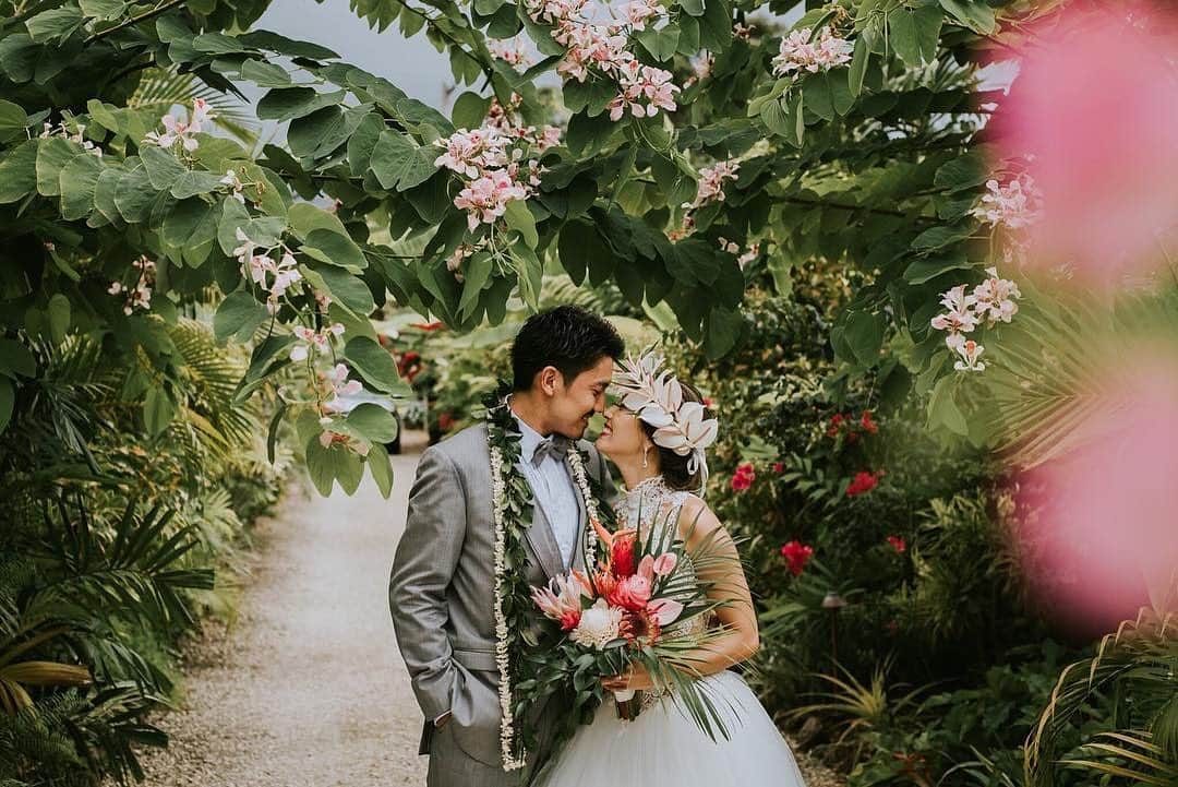 25ans Wedding 公式 Bridesのインスタグラム：「本日のリポストは、ハワイらしい豊かな自然に囲まれたKEIさんのフォトから🌺 繊細なレースと柔らかなチュールの組み合わせが柔らかな魅力を演出するドレスは「プロノビアス」のもの。ハクレイとブーケでトロピカルなムードをプラスして、上品なハワイアン花嫁スタイルが完成🕊✨ ・ #25ansウエディング #25answedding #25ansウエディングオフィシャルブライズ #25ans👰 #weddingphotography #bridal #wedding #weddingdress #weddingphoto #ウェディング #フォトウェディング #ウェディングフォト #ロケーションフォト #ブライダルフォト #前撮り #後撮り #結婚準備 #結婚式準備 #プレ花嫁 #花嫁 #卒花 #日本中のプレ花嫁さんと繋がりたい #全国のプレ花嫁さんと繋がりたい #海外ウェディング #ハワイウェディング #ハワイ挙式 #ハワイ婚 #hawaii #プロノビアス #pronovias」
