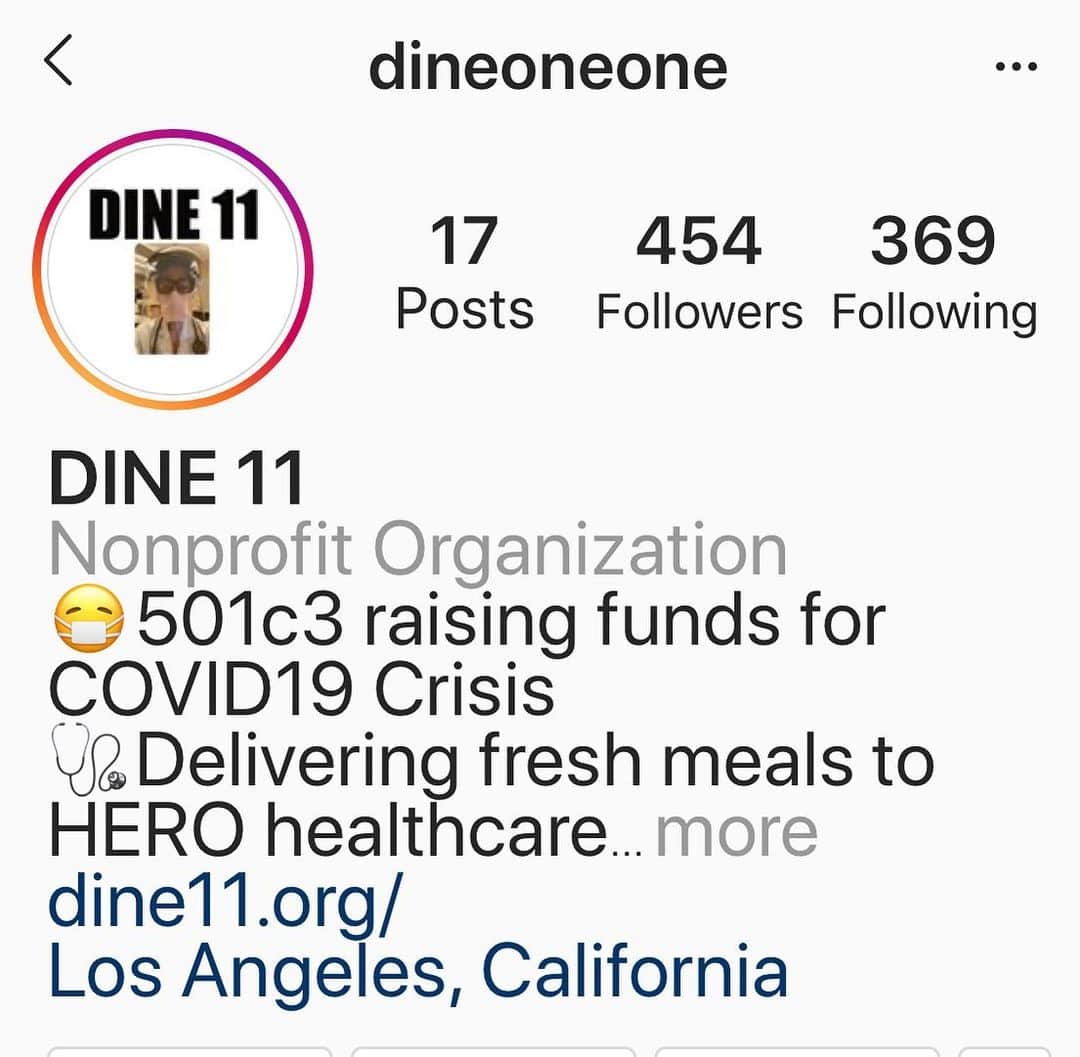のインスタグラム：「Help feed health care workers on the front lines. Please donate...and keep your self distancing...this is a massive way to kill this pandemic. #healthcareheroes www.dine11.org/」
