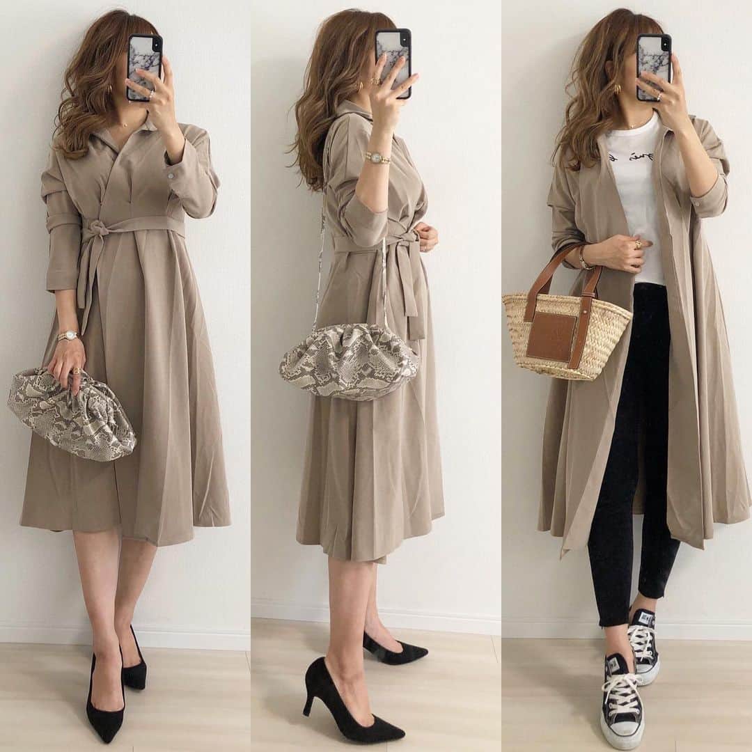 Miyoのインスタグラム：「2020.3.28 ・ 上品で大人っぽいカシュクールワンピース👗  授乳があるからオシャレなワンピースは諦めがちだけど、このワンピースは胸元が開いて授乳しやすいので産後のママにもおすすめです🤱✨ ・ #スキッパーカシュクールワンピース　…#fifth#fifthtl#フィフス　@fifth_store ロゴT…agnesb スキニー…zara #ギャザー2wayクラッチ　… #EditSheen#エディットシーン　@editsheen_store かごバッグ…loewe 靴…converse ・ #bag#バッグ#ワンピース#高身長コーデ#今日のコーデ#春コーデ#カジュアル#巻き髪#産後#産後ダイエット#産後ママ#産後コーデ#ママ#ママコーデ#ママファッション#スニーカーコーデ#デニムコーデ#プチプラ#プチプラコーデ#プチプラファッション#シンプルコーデ#カジュアルコーデ#大人カジュアル」