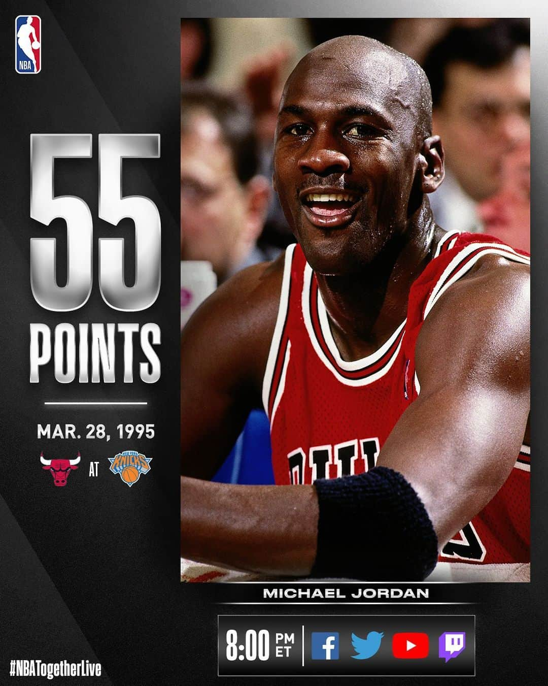 NBAさんのインスタグラム写真 - (NBAInstagram)「We celebrate the 25th Anniversary of Michael Jordan’s double-nickel game at MSG as tonight’s #NBATogetherLive classic game!  We’re streaming it live & watching together on NBA Facebook, Twitter, YouTube & Twitch at 8:00pm/et!」3月29日 2時09分 - nba