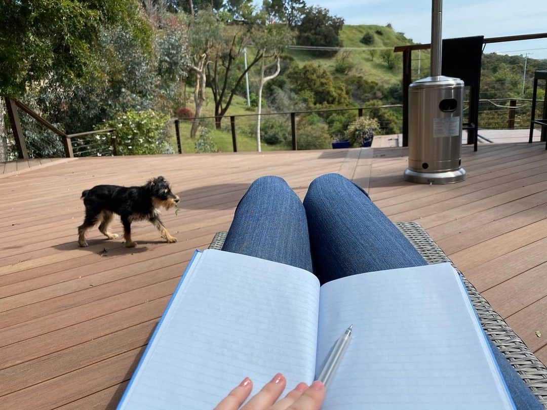 リリ・ラインハルトのインスタグラム：「I’m only wearing jeans because I took Milo on a walk 📓 Now, it’s poetry hour.」