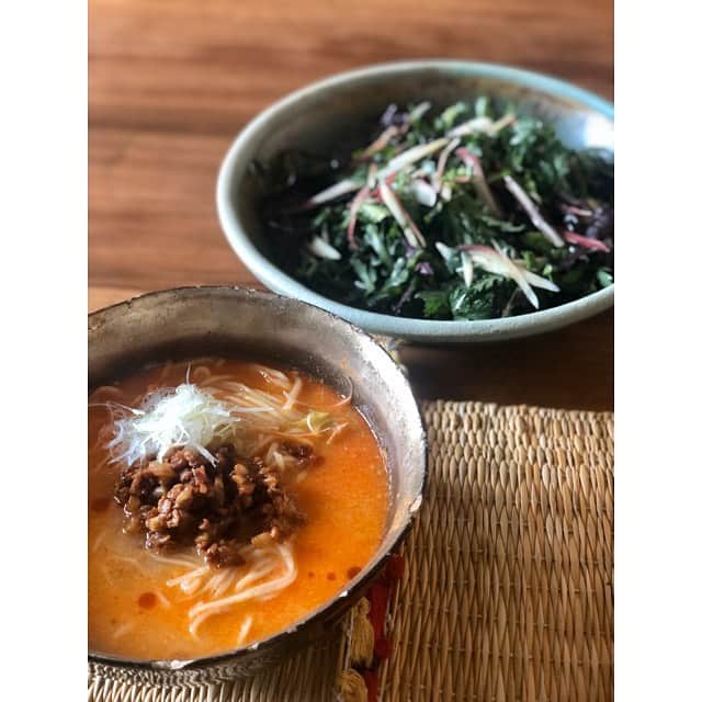 加藤紀子のインスタグラム：「日清ご褒美ラ王豆乳の坦々麺、 美味しかった🥰 挽肉の代わりに 大豆ミートと細かく刻んだ大根をショウガと甜麺醤なんかで味付け、白髪葱はスライサーでスースー。 春菊のサラダには鹿児島@araheamさんが育て送ってくれたピカピカのミョウガをトッピング。  お家にあるもので 楽しく作る練習。  #カトノリ農園  #畑からこんにちは #お家ご飯 #日清ご褒美ラ王豆乳の坦々麺  #花椒オイルも足しました」
