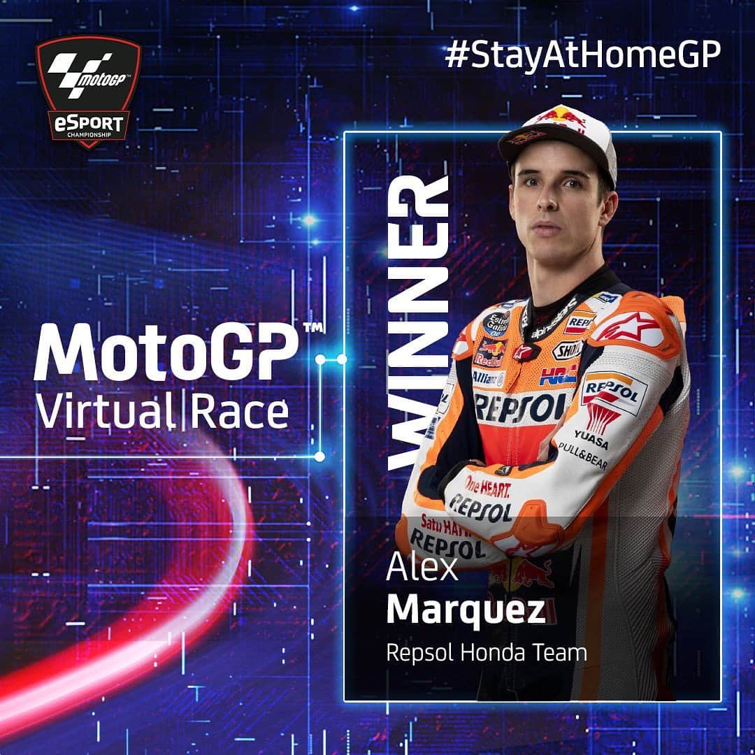 MotoGPさんのインスタグラム写真 - (MotoGPInstagram)「Your first ever #MotoGP Virtual Race winner @alexmarquez73 🎮😎 Tune in at 4pm (GMT +2) for an Instagram LIVE with him on our Story! 🎙 Get your questions ready for the @hrc_motogp rider! #StayAtHomeGP 🏡 #AM73 #MotoGP」3月29日 22時32分 - motogp
