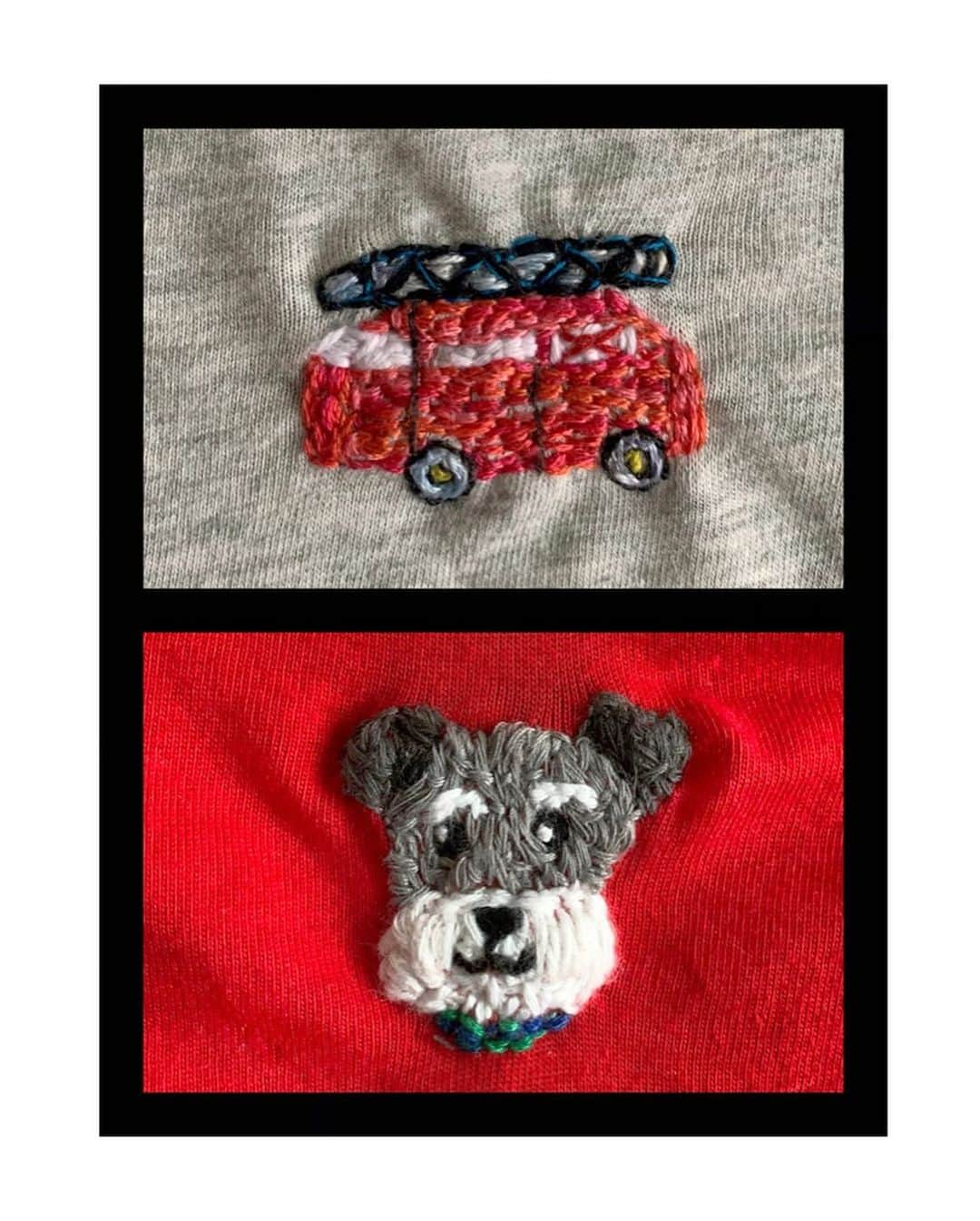 猪鼻ちひろさんのインスタグラム写真 - (猪鼻ちひろInstagram)「embroidery🧵🐶🚒 西松屋で買った超激安Tシャツに刺繍。 ハンナ(妹の愛犬)とカンカン(消防車)です。 ハンナの写真を赤ちゃんの頃から振り返りながら刺繍。 3枚目は初対面の日！あぁ可愛い。  消防車に見えるか不安だったけど 「カンカン着たいなぁ」ってテレビ電話で言ってくれて 喜びおばさん♡ クオリティに関しては色々イマイチな点もありますが (攣っちゃってるし)愛情でカバー🦛❣️笑 カバの絵文字初めて使った #ちひろの趣味 #おうち時間 #刺繍部 #メロオバ日記」3月30日 21時25分 - inohanachihiro