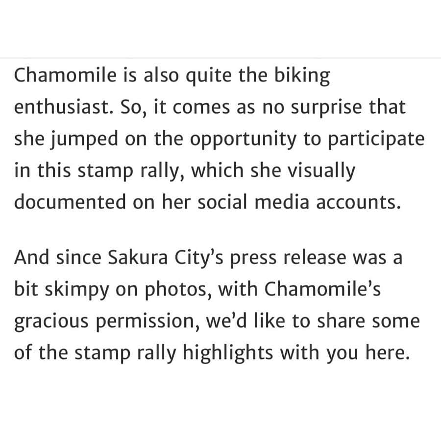 華密美琉さんのインスタグラム写真 - (華密美琉Instagram)「Yowamushi Pedal stamp rally is a biker’s anime pilgrimage, popular cosplayer Chamomile reports﻿ ﻿ 英語でまとめてくださった弱虫ペダルスタンプラリーの情報です！﻿ 内容が多いのでInstagramでは前半後半で分けて投稿します！ ﻿ ﻿ 【前半】﻿ ﻿ #cycling﻿ #cyclingpics﻿ #yowamushipedal ﻿ #yowapeda ﻿ #ywpd ﻿ #cyclingphotos﻿ #cyclinglife﻿ #cyclingtips﻿ #bikes﻿ #roadcycling﻿ #cyclist﻿ ﻿ page﻿ https://grapee.jp/en/135478﻿ ﻿ サイクリングのまち﻿ 佐倉へようこそ 🚲🎶💛 ﻿ Welcome to Sakura !﻿ #JR東日本 #サイクルトレイン﻿  #BBBASE﻿  #自転車旅 ﻿ #弱虫ペダル﻿ ﻿ https://twitter.com/chamomi017/status/1236480508885794817?s=21﻿ ﻿ 佐倉市 ライドしてきたよー！﻿ ﻿ TVアニメ「#弱虫ペダル」スタンプラリー﻿ ﻿ 自転車 を解体せず電車に乗せる方法と ﻿ 弱ペダ のコラボ解説 ﻿ 【前半】﻿ ﻿ https://lineblog.me/chamiblog/archives/2081790.html ﻿ ★★★★★★ ﻿ https://twitter.com/chamomi017/status/1237579066401640450?s=21 ﻿ ﻿ ☆☆☆☆☆☆ ﻿ ﻿ 自転車 をB.B.BASEに乗せてイベント参加!!﻿ 弱ペダ の佐倉市ライド コラボ解説 ﻿ 【後半】﻿ ﻿ https://lineblog.me/chamiblog/archives/2082228.html ﻿ ★★★★★★ ﻿ https://twitter.com/chamomi017/status/1238400925909180418?s=21 ﻿ ﻿ ☆☆☆☆☆☆ ﻿ ﻿ ポタリング協力店などコラボ解説 ﻿ 【特典編】﻿ ﻿ https://lineblog.me/chamiblog/archives/2087566.html ﻿ ★★★★★★ ﻿ https://twitter.com/chamomi017/status/1239490488257794048?s=21 ﻿ ﻿ ☆☆☆☆☆☆ ﻿ ﻿ YouTubeにもアップしました！﻿ ⬇︎⬇︎⬇︎⬇︎⬇︎⬇︎﻿ https://youtu.be/6zbGI9dKI7w﻿ ﻿ コスプレイヤー・カモミール﻿ フォローや拡散・いいね待ってます！！﻿ 応援よろしくお願いします！！ ﻿ 千葉県佐倉市で開催している﻿ TVアニメ「弱虫ペダル」﻿ スタンプラリー・佐倉ライド　レポートです﻿ B.B.BASEに乗って参加しました‼﻿ ﻿ #カモミール﻿ #コスプレイヤー﻿ #自転車好き﻿ #自転車﻿ #ロードバイク﻿ #弱虫ペダル﻿ #佐倉﻿ #B.B.BASE﻿ #サイクルトレイン ﻿ ﻿ 【Twitter】 https://mobile.twitter.com/chamomi017 ﻿ ﻿ 【Instagram】 https://www.instagram.com/chamomile_chami/ ﻿ ﻿ 【LINE BLOG】 https://lineblog.me/chamiblog/ ﻿ ﻿ 【tiktok】 https://vt.tiktok.com/655S6C/ ﻿ ﻿ 【DREPAL】 https://drepal.com/?profile=1149」3月30日 22時49分 - chamomile_chami