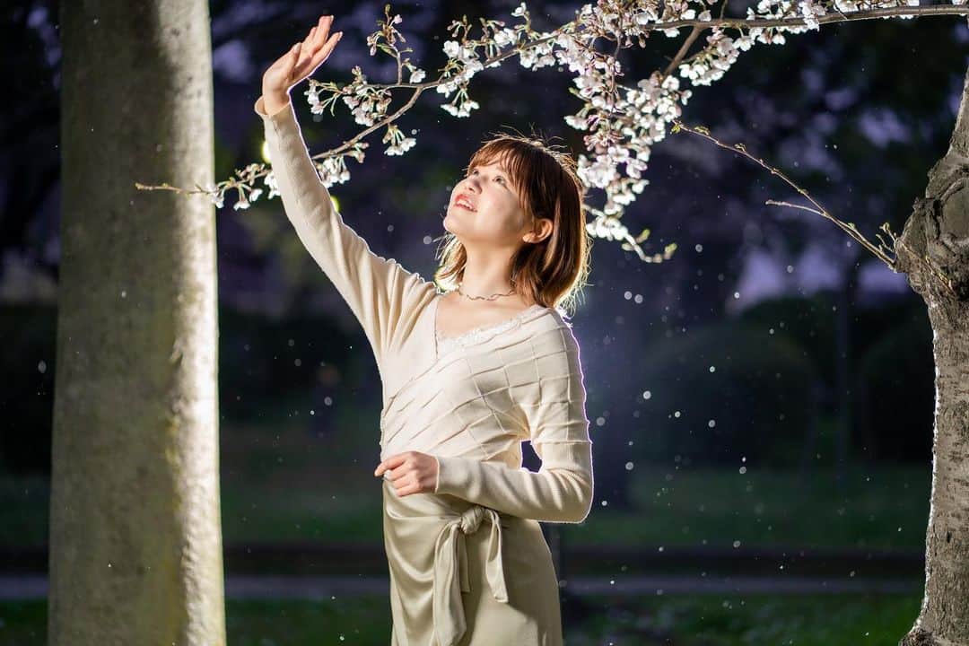 かれんのインスタグラム：「. 夜桜きれい〜✨ 雨の中カメラマンさんがんばってくださった🥺 . .」