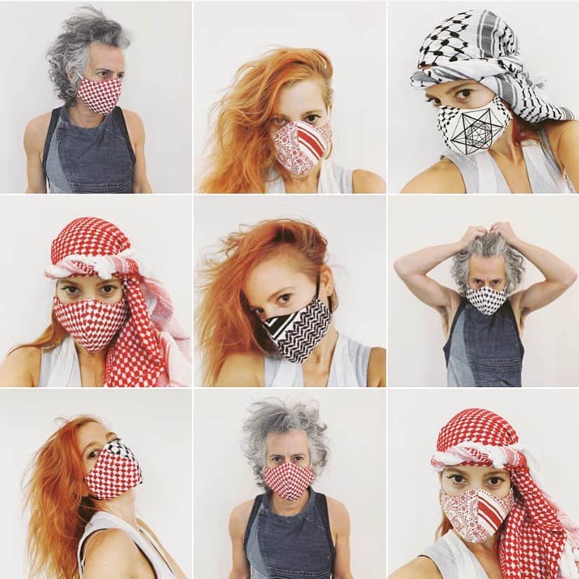 スリーアズフォーのインスタグラム：「Now Available on our shop Link in Bio #threeasfour Mask! Featuring threeASFOUR's iconic prints from 2012 collection "inSALAAM inSHALOM", celebrating the textiles of both Arabic and Jewish cultures by mixing the geometric patterns of the TWO worlds and uniting them as ONE !  We are donating 10% of each purchase towards creating medical masks for  the support of the health community in New York City  All masks are limited edition - One of A kind ! #mask #keffiyeh #facemask #peace #unity #masks」