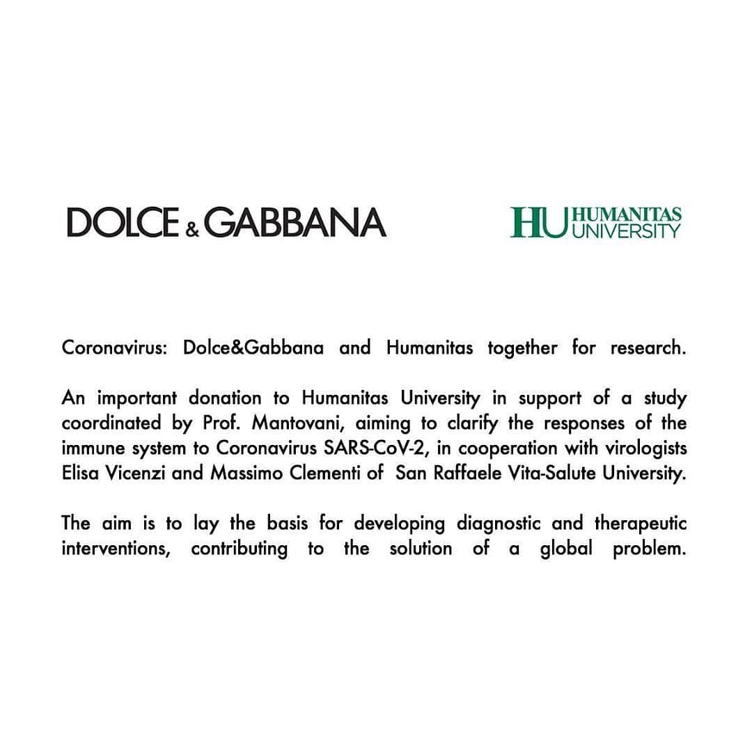ドルチェ&ガッバーナさんのインスタグラム写真 - (ドルチェ&ガッバーナInstagram)「Coronavirus: Dolce&Gabbana and Humanitas together for research. Read more at the link in bio. #DolceGabbana」3月31日 1時00分 - dolcegabbana