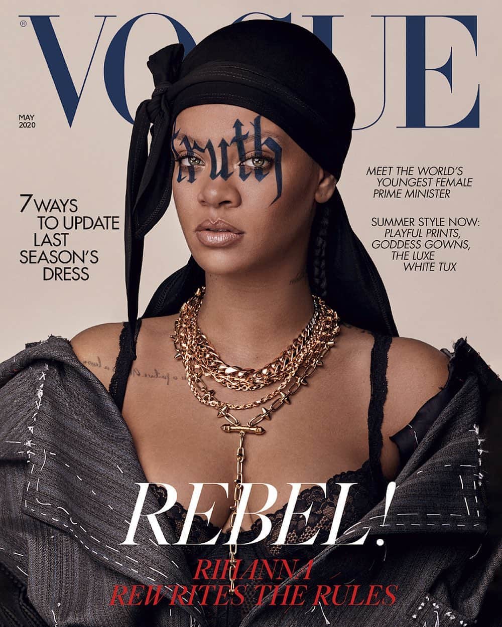 British Vogueさんのインスタグラム写真 - (British VogueInstagram)「@BadGalRiri stars on the second of two special covers for the May 2020 issue – debuting the first durag on a cover of #BritishVogue. From sparking a beauty revolution with her billion-dollar @FentyBeauty empire to orchestrating industry-defining, inclusive catwalks, Rihanna shows no signs of stopping. Read the full interview with @AfuaHirsch – where they discuss music, fashion and how many children she sees herself having over red wine – at the link in bio now.  #Rihanna wears a jacket by @MaisonMargiela Artisanal by @JGalliano, a @SavageXFenty lace body, a @StephenJonesMillinery durag and necklaces by @ChromeHeartsOfficial and @LauraCJewelry. Photographed by @StevenKleinStudio and styled by @Edward_Enninful, with hair by @YusefHairNYC and @NaphiisBeautifulHair, make-up by @IsamayaFfrench using @FentyBeauty and nails by @RedHotNails. With thanks to @JillDemling.」3月31日 3時15分 - britishvogue