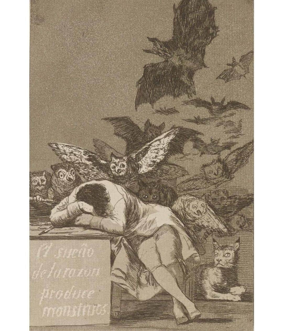 フィラデルフィア美術館さんのインスタグラム写真 - (フィラデルフィア美術館Instagram)「Happy birthday to Francisco José de Goya, who was born #onthisday in 1746 in Spain. Goya rose to prominence painting portraits of the Spanish Royal Family and their friends, and later became Court Painter—but he was often at odds with their politics. In his first major print series, “Los Caprichos,” Goya critiques Spanish society by satirizing human folly and exposing institutional corruption. • "The Sleep of Reason Produces Monsters (El sueño de la razon produce monstruos)," 1797–98, published 1799, by Francisco José de Goya」3月31日 4時20分 - philamuseum