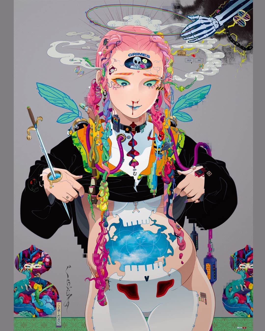 グライムスのインスタグラム：「Beautiful art by my favourite @3eyestakahashi _this piece makes me emotional haha 🤍🤍 .  We’re working on a Japanese based t shirt collab made out of recycled bottles 🌒 and more ideas 🤍  Is everyone ok?  Anyone else in their third trimester, getting ready to go to the hospital in this mess?  Definitely a crazy time to be trying to have a baby haha 😯 Hope everyone’s ok, let’s help each other 🐖🍓🐖🍓🐖🍓🐖🍓 .  I hope pigs eat strawberries cuz that sounds BEYOND delightful 🐷💖💕✨」