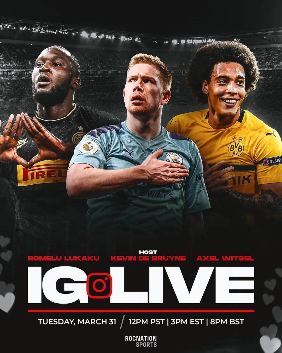 ケヴィン・デ・ブライネのインスタグラム：「Getting the 🇧🇪 band back together tonight at 8pm BST on IG live! You ready @romelulukaku and @axelwitsel28 ?? Let us know what you’d like to hear in the comments below ⬇️ #RocFam」