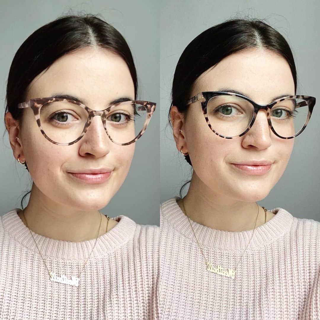 Warby Parkerのインスタグラム：「Friendly reminder that you can try on our frames from the comfort of your own home using the Virtual Try-On tool in our iOS app 🙂 Pictured here is Haley in Opal Tortoise (virtually ➡️and IRL!)—head to the link in our bio to give it a try!」
