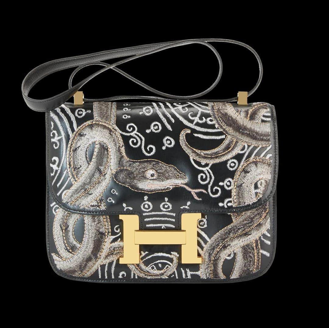 のインスタグラム：「The Vintage Iconic Hermes Bag X Jay Ahr Collection  Black Constance “Thangka” Act 2 Provenance Hong Kong - 1972  #hermes #jayahr #jonathanriss #kelly #birkin #constance #hermes #embroidery #sustainable #Art #iconsxjayahr #everyhumanisanartist #Thangka」