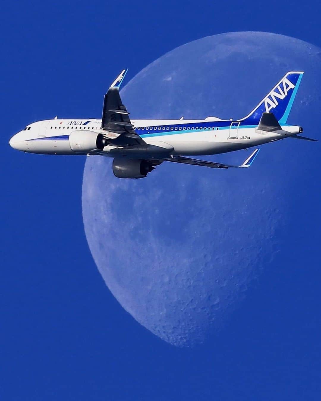 ANAのインスタグラム：「いつか月へ行けたら✈️﻿ （Photo：@kin0319）﻿ ﻿ #空を見上げて #月丼 #夢が広がる #飛行機 #月と飛行機 #月旅行 #青空  #ナイスアングル #カメラ好き #飛行機好きな人と繋がりたい #セントレア #中部国際空港 #a320 #エアバス #ソラマニ_ヒコーキ #moon #draem #bluesky #airplane #anaairplane #camera #ana_jp﻿ ﻿ ANAの飛行機は「#ソラマニ_ヒコーキ 」をつけて投稿してね🍡インスタや各メディアでご紹介していきます🌙」