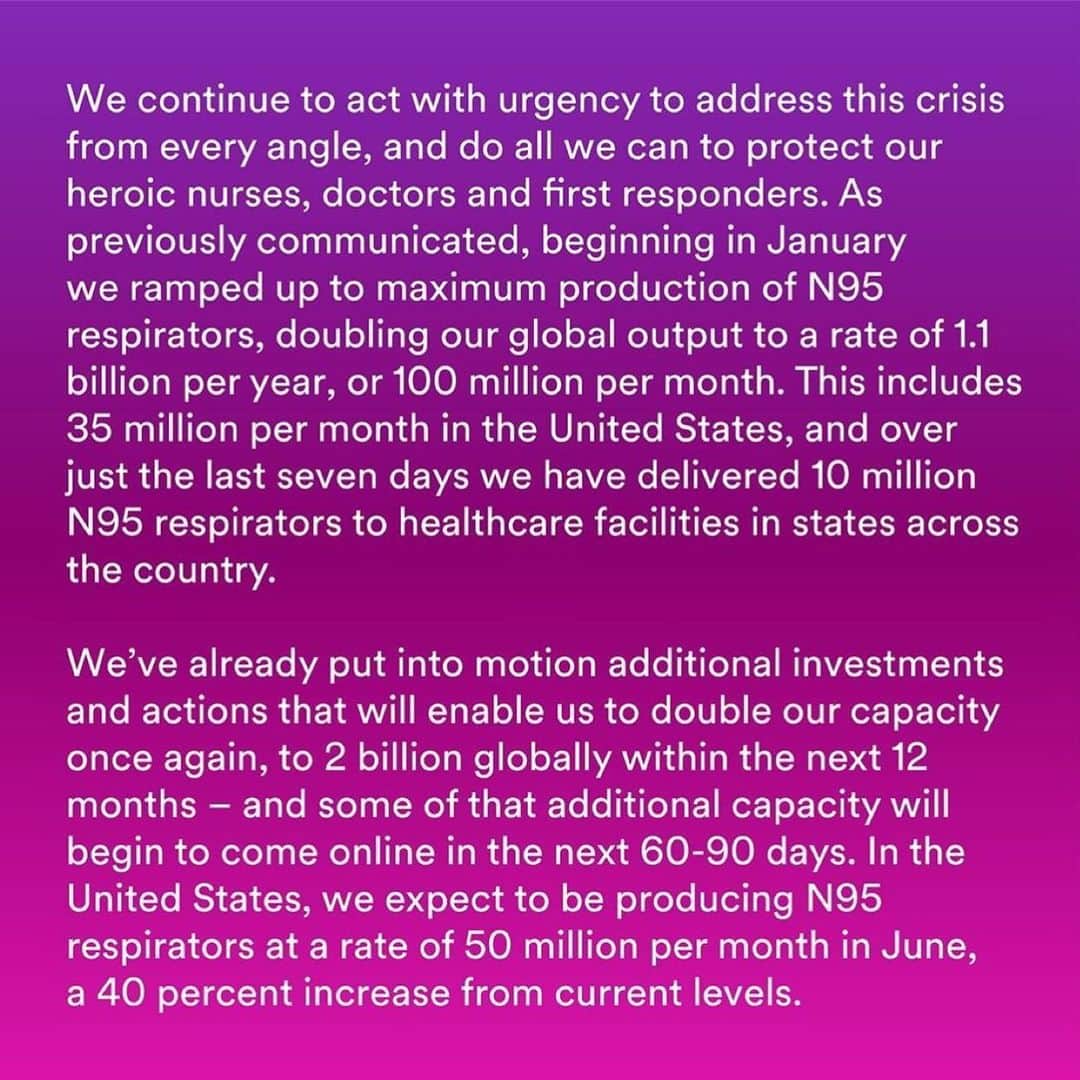 3M（スリーエム）さんのインスタグラム写真 - (3M（スリーエム）Instagram)「A message from our CEO @mike.f.roman: • Thank you to all the healthcare workers and first responders at the front lines. Today we’re announcing additional details about 3M’s capacity increases of N95 respirators, strong measures to combat price gouging and counterfeiting, and new partnerships to help protect our healthcare workers. Click link in bio to read more. #COVID19 #coronavirus」4月1日 7時44分 - 3m