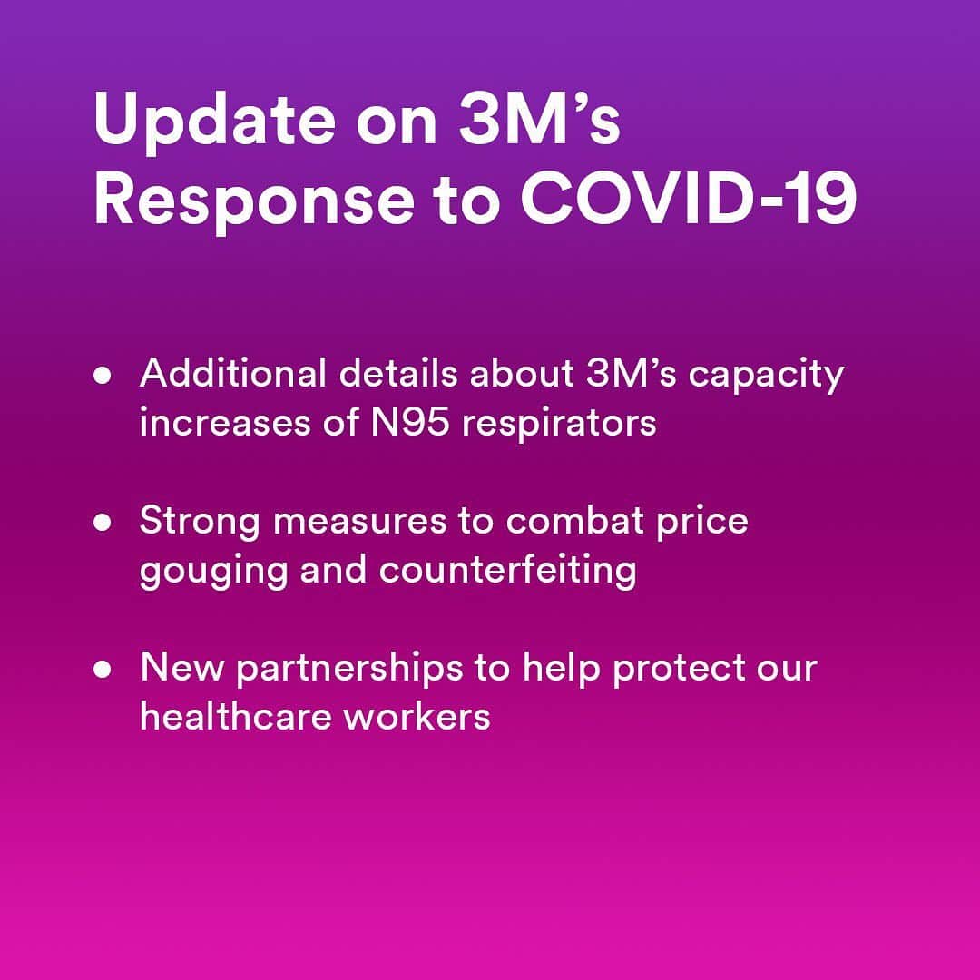 3M（スリーエム）のインスタグラム：「A message from our CEO @mike.f.roman: • Thank you to all the healthcare workers and first responders at the front lines. Today we’re announcing additional details about 3M’s capacity increases of N95 respirators, strong measures to combat price gouging and counterfeiting, and new partnerships to help protect our healthcare workers. Click link in bio to read more. #COVID19 #coronavirus」