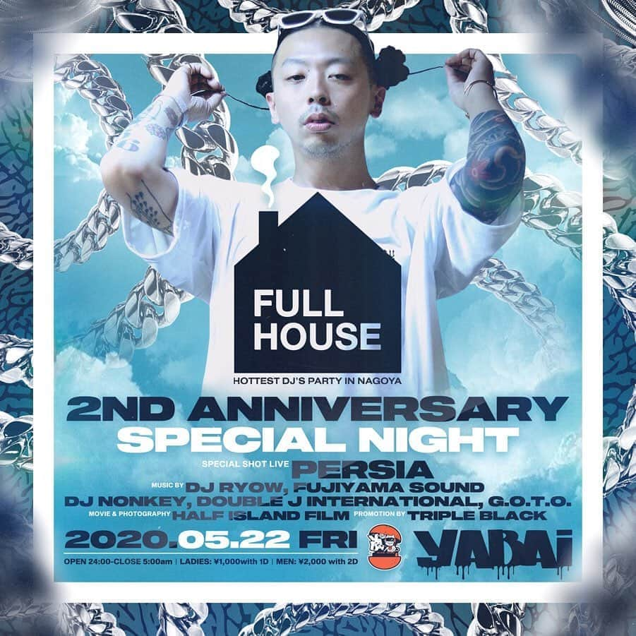 CLUB O NAGOYA(クラブオーナゴヤ)のインスタグラム：「#ヤバイナゴヤ FULL HOUSE @fullhouse_nagoya 🍊🏠 5/22(FRI) 00:00~05:00🎉 ・ ADM: LADIES ¥1000 with 1drink MEN ¥2000 with 2drink ・ HOTTEST DJ'S PARTY IN NAGOYA🇯🇵 ・ SPECIAL SHOT LIVE: @persiajap 🎤 ・ MUSIC: @djryow / @fujiyamasound / @djnonkey / @d.j_max / @tera.nagoya.d_j / @g_o_t_o_ / @ochomodachi.jp / @dj_kyo_098_official / @s_yamanaka0604 🎧 ・ MOVIE & PHOTOGRAPHY: @halfislandfilms 📸 ・ PROMOTION BY: TRIPLEBLACK ・ Address: 中区栄3丁目8−22 Nagoya-shi, Aichi, Japan ・ #アサヤバ #YABAI_NAGOYA #のもーよ #カモンヌ」