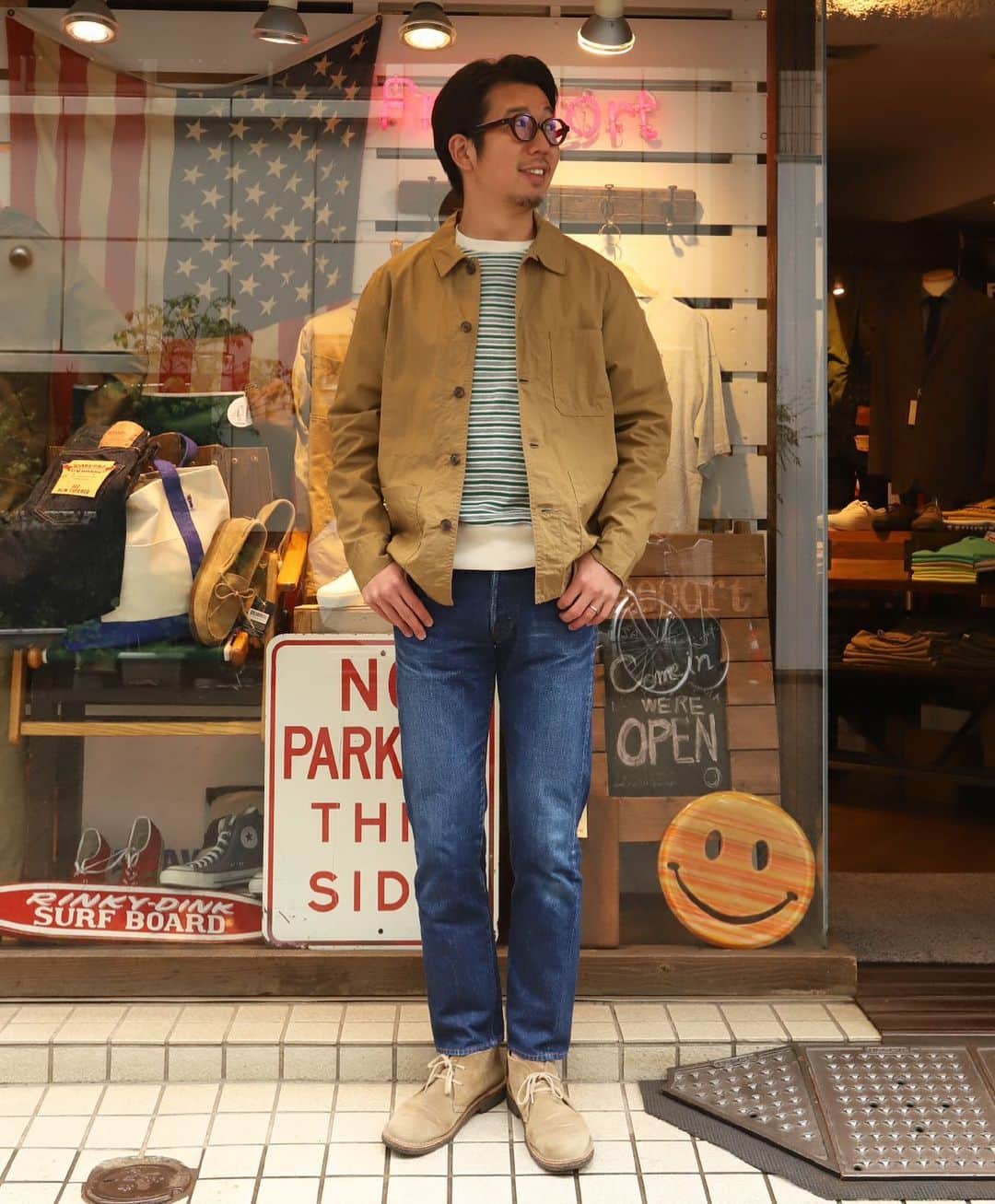 のインスタグラム：「本日のSTYLE  色合いは春らしく 早く暖かくなって欲しいですね〜  #jacket#fobfactory #sweat#felco #denim#workersjapan #shoes#astorflex #ivystyle#trad#surf #Freeportueno#tokyo#上野セレクトショップ」