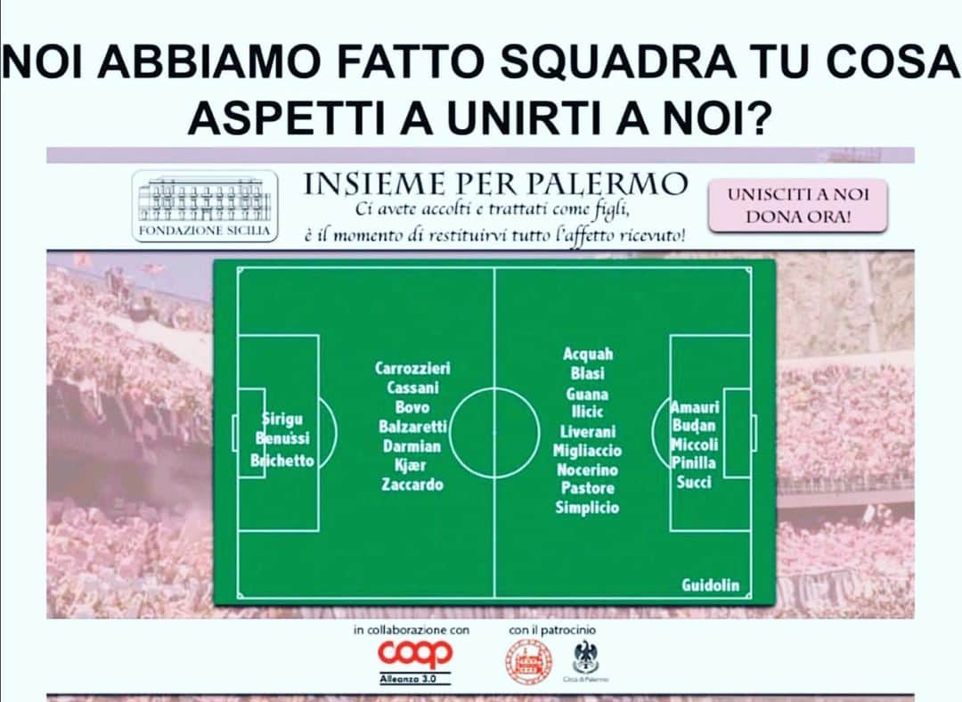 ハビエル・パストーレのインスタグラム：「INSIEME PER PALERMO Ci avete accolto e trattati come figli, è il momento di restituirvi tutto l’affetto ricevuto.  In pochi giorni il numero di famiglie che ha chiesto aiuto alimentare al Comune di Palermo è passato da 600 a 11.000 ed è in continua crescita.  Perché il COVID 19 non è solo un'emergenza sanitaria, è anche, e lo sarà sempre di più, un'emergenza sociale.  Non possiamo tollerare che sia negato a famiglie e a bambini il diritto fondamentale alla vita, l'accessibilità al cibo per tutti!  È in ascolto di questo grido di dolore che gli ex giocatori del Palermo: Federico Balzaretti, Salvatore Sirigu, Josip Ilicic, Fabrizio Miccoli, Francesco Benussi, Giacomo Brichetto, Moris Carrozzieri, Mattia Cassani, Cesare Bovo, Matteo Darmian, Simon Kjær, Cristian Zaccardo Afriyie Acquah, Manuel Blasi, Roberto Guana, Josip Ilicic, Fabio Liveran, Giulio Migliaccio, Antonio Nocerino, Javier Pastore, Fábio Henrique Simplício, Amauri Carvalho de Oliveira, Igor Budan, Fabrizio Miccoli, Mauricio Pinilla, Davide Succi, Francesco Guidolin hanno deciso di scendere di nuovo in campo tutti insieme per aiutare i più deboli. “Tutti quanti noi – con il supporto di Fondazione Sicilia, che ha già stanziato 50.000 euro a sostegno dell’iniziativa, e Coop Alleanza 3.0 – abbiamo deciso di creare e partecipare ad una raccolta fondi volta a supportare le fasce più deboli della nostra amata Palermo”, Tutti i proventi raccolti saranno devoluti per acquistare buoni spesa da donare alle famiglie in difficoltà economica in questo momento storico.  Dona subito su gofundme: https://www.gofundme.com/f/insiemeperpalermo o Tramite Bonifico Bancario: IBAN: IT70O0502904600CC0040006914 – BIC: PDSCIT31XXX (per i bonifici esteri)」