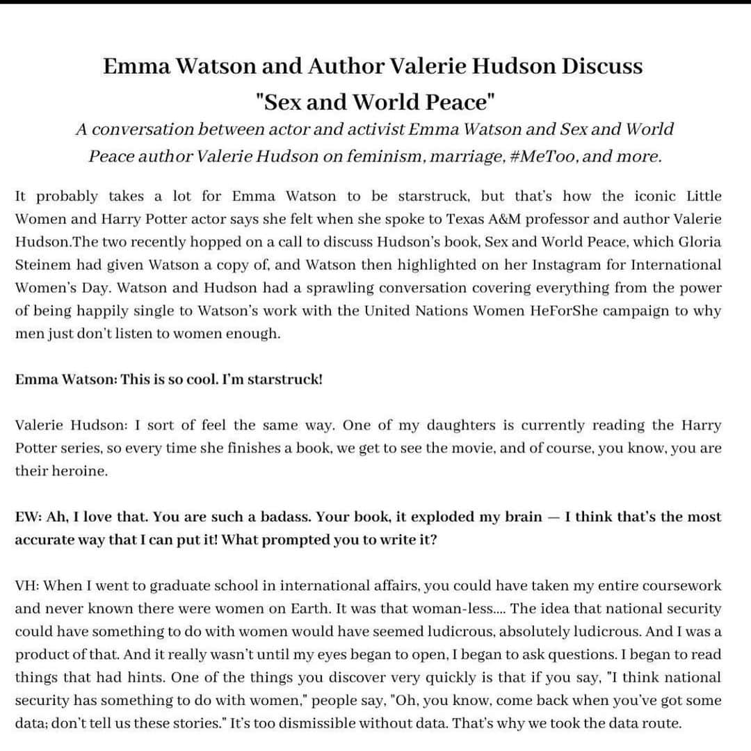 エマ・ワトソンさんのインスタグラム写真 - (エマ・ワトソンInstagram)「At the beginning of last month, when life for some of us hadn't yet completely shifted, I was honoured to have spoken with Dr. Valerie Hudson about her book, Sex and World Peace. We spoke about what inspired her to write her book and the realisation that how we’ve treated women is actually the template for how we’ve treated our Earth. Swipe to read the full piece. 🌍 ✌🏽 Photo by talented - @macksfilms⁣ ⁣ @djunabel @majormoonn @kateydenno @lihiyogini」4月1日 19時08分 - emmawatson