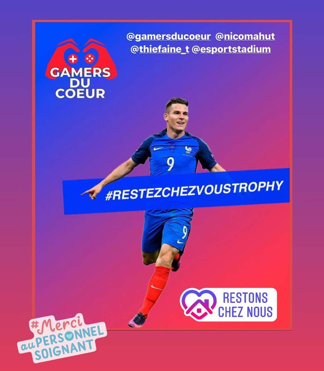 ケヴィン・ガメイロのインスタグラム：「Soutenons le personnel hospitalier avec @gamersducoeur 👉🏼 Lien direct vers la cagnotte dans ma story en « swipe up » ! #restezchezvoustrophy . . @gamersducoeur @nicomahut @thiefaine_t @esportstadium」