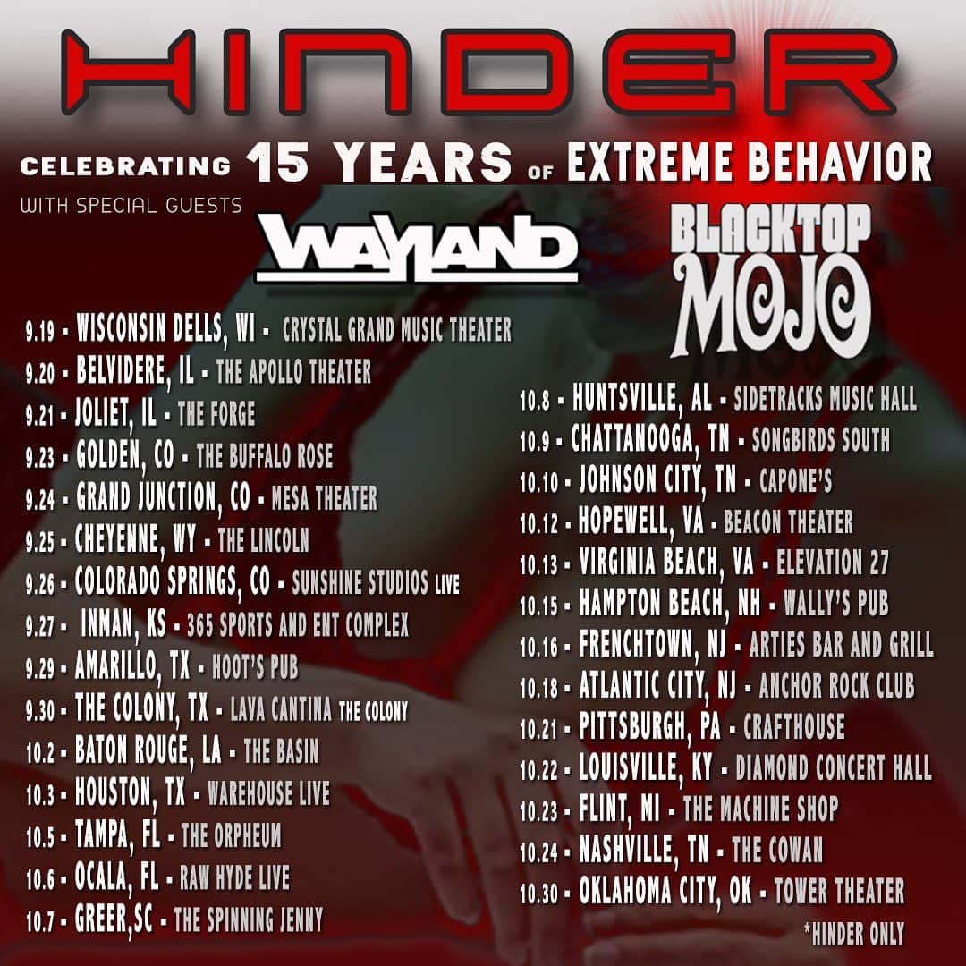 ヒンダーのインスタグラム：「🤘🏽New tour dates with our friends @waylandtheband and @blacktopmojo this fall🤘🏽tickets from our old dates will be honored at the point of purchase! ⚠️REFUNDS WILL BE GIVEN BY THE VENUE / ORIGINAL POINT OF PURCHASE⚠️」