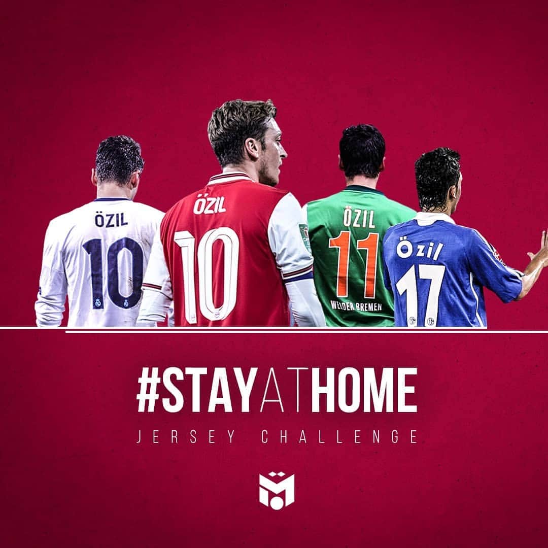 メスト・エジルのインスタグラム：「To make sure you are really staying at home, I'm inviting you all to my #M1Ö jersey challenge: send me your pictures with my jerseys via personal message or tag me in a story from home and I'll repost or retweet them on my social media. 👍🏼 The pictures I like the most can win an invitation for 2 people to my box for one of our next @Arsenal public home matches. 🙏🏻 Other prizes will be 3 signed editions of my autobiography 'Gunning for Greatness' and 3 signed M10 caps and shirts! Competition runs until April 13th 2020. #StayHomeSaveLives」