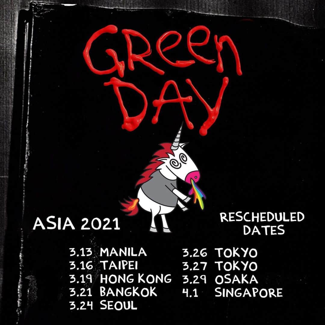 Green Dayのインスタグラム：「Asia!! Coming for you in 2021 🤘🤘 Let's party even harder. .  Hold on to your tickets as they will be good for the new shows. If you can’t make it to the new date please go to the point of purchase for a refund.」
